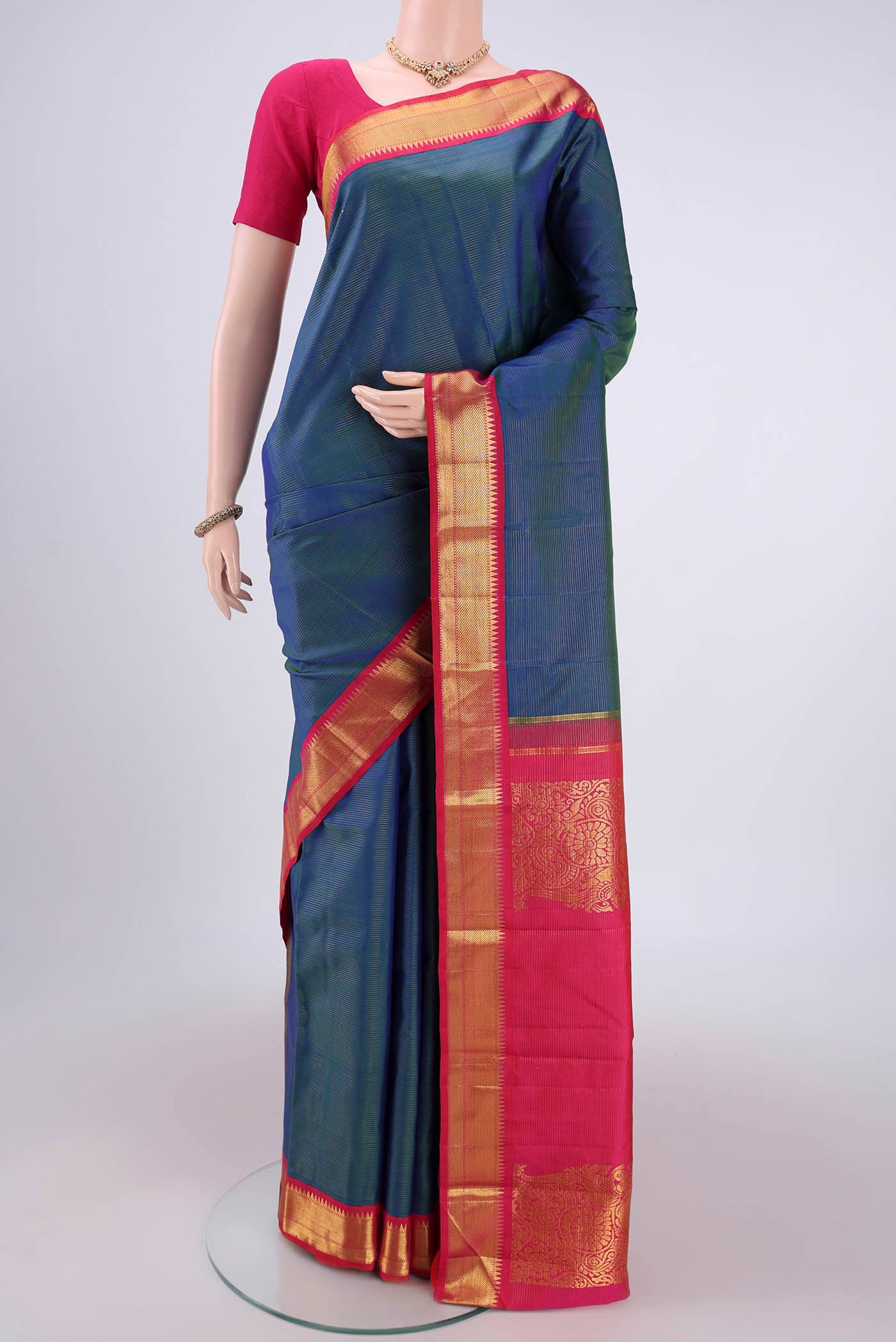 Pure Silk Pure Zari Peacock Blue Kanchipuram Saree