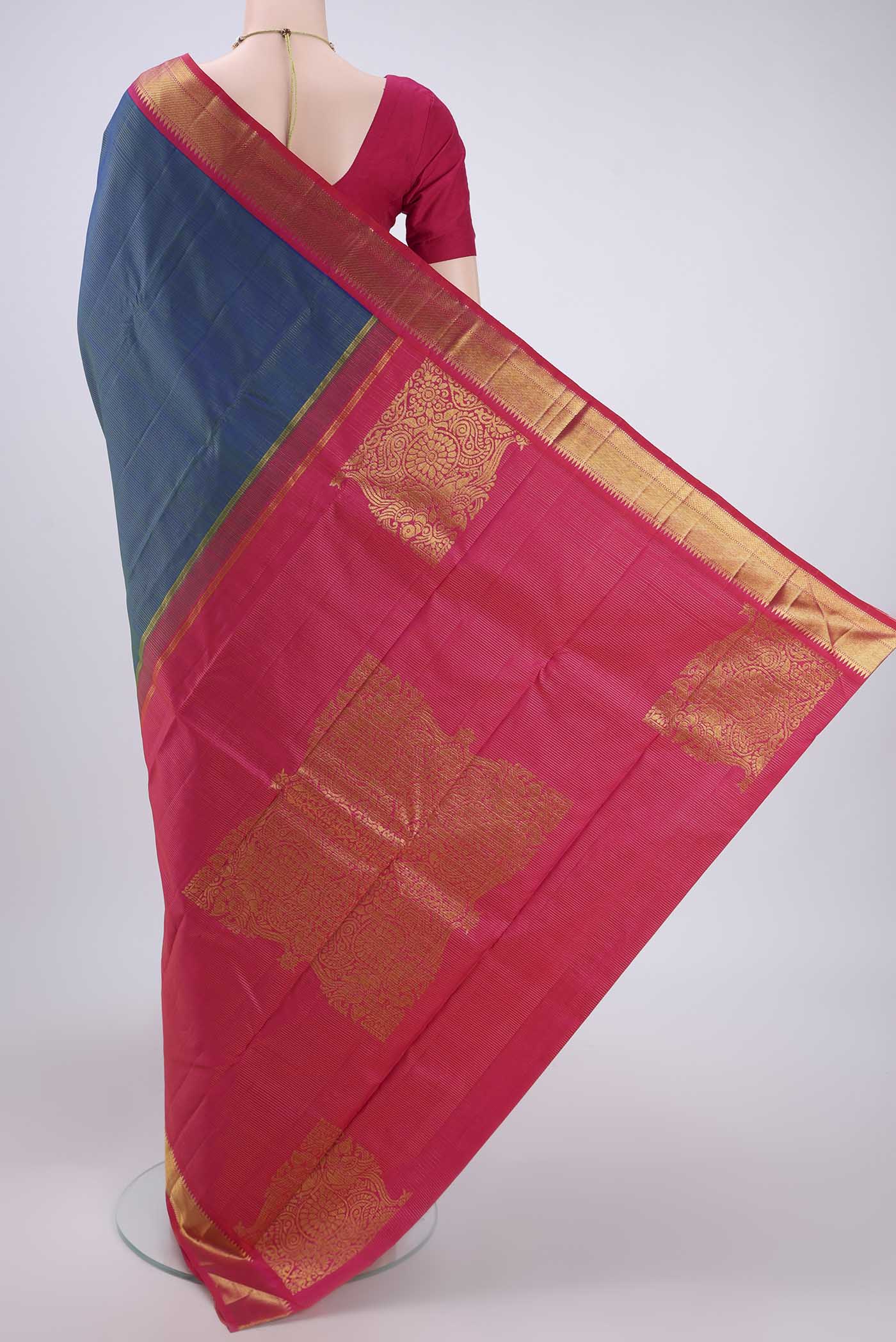 Pure Silk Pure Zari Peacock Blue Kanchipuram Saree - Image 3