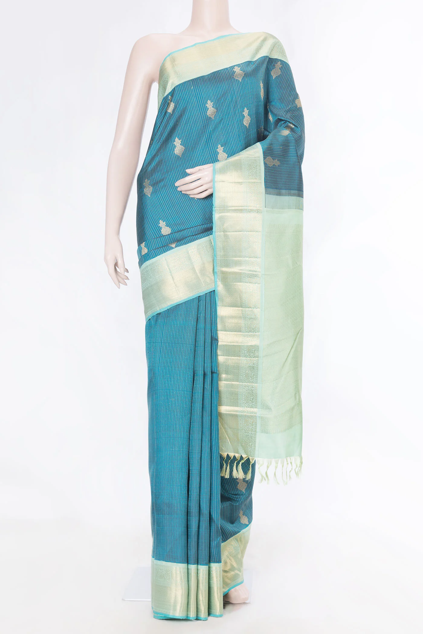 Pure Silk Pure Zari Peacock Blue Dual Tone Kanchipuram Saree