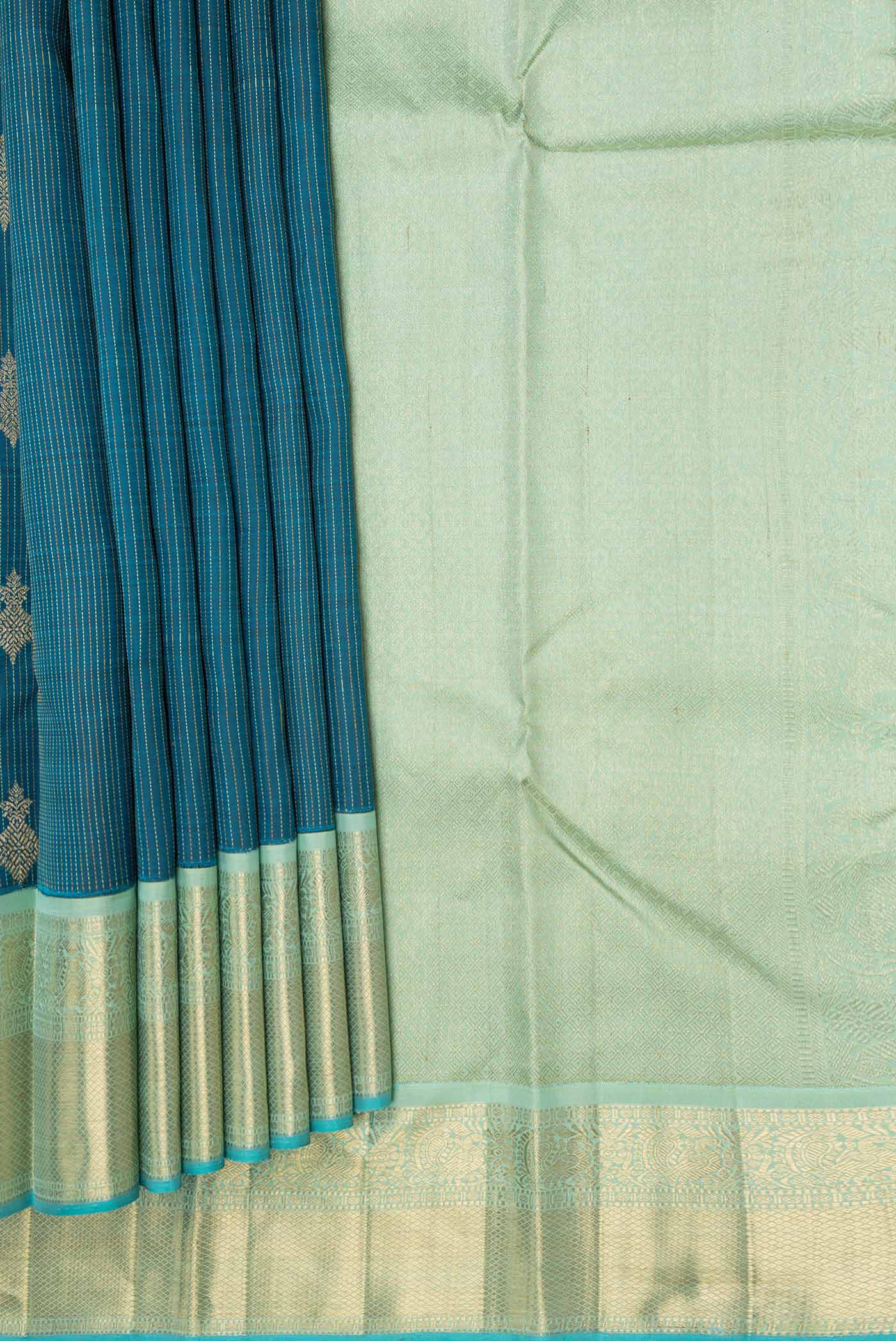 Pure Silk Pure Zari Peacock Blue Dual Tone Kanchipuram Saree - Image 4