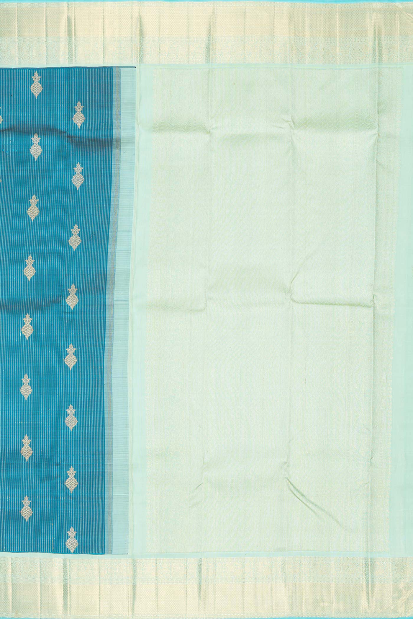 Pure Silk Pure Zari Peacock Blue Dual Tone Kanchipuram Saree - Image 7