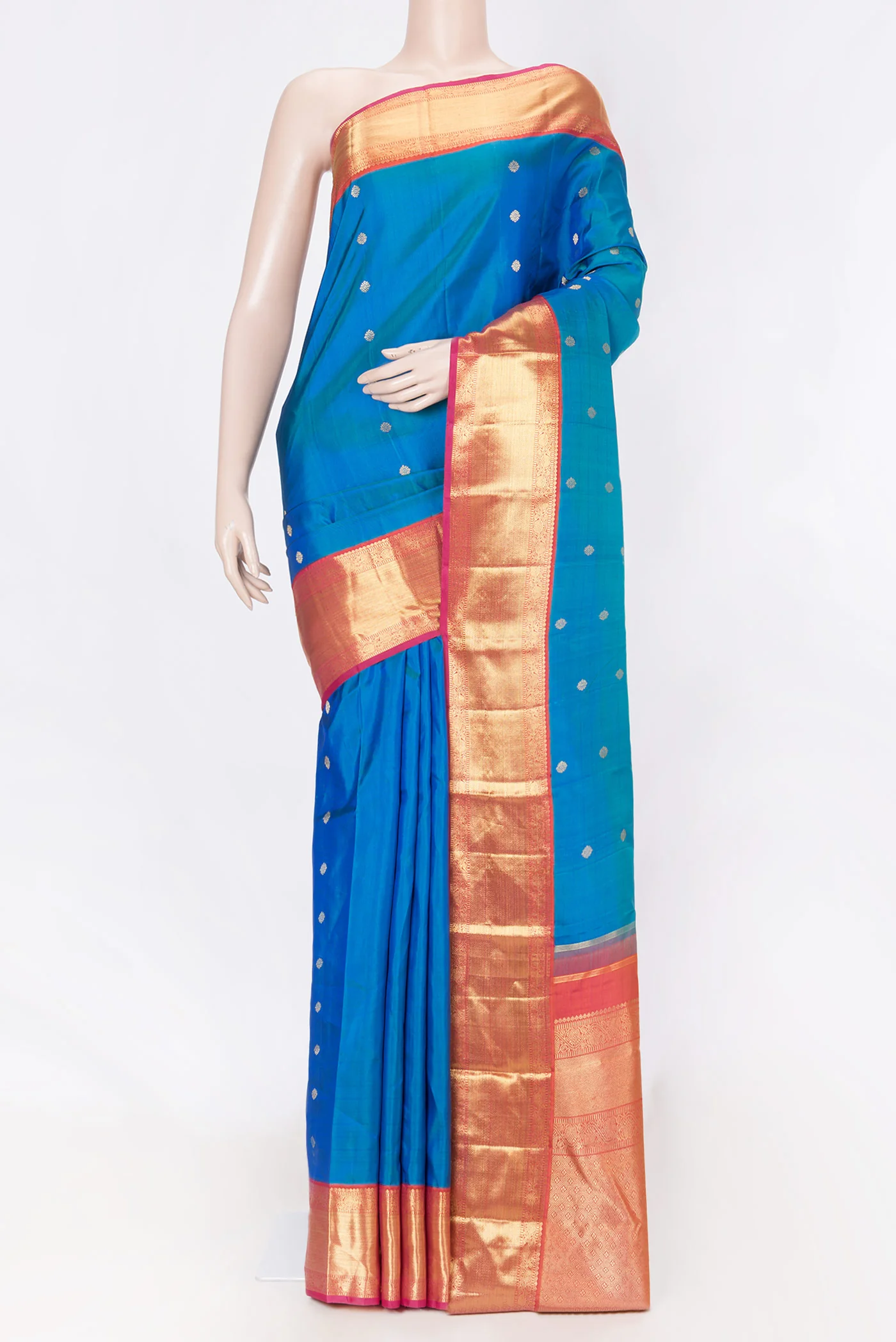 Pure Silk Pure Zari Peacock Blue Dual Tone Kanjivaram Saree