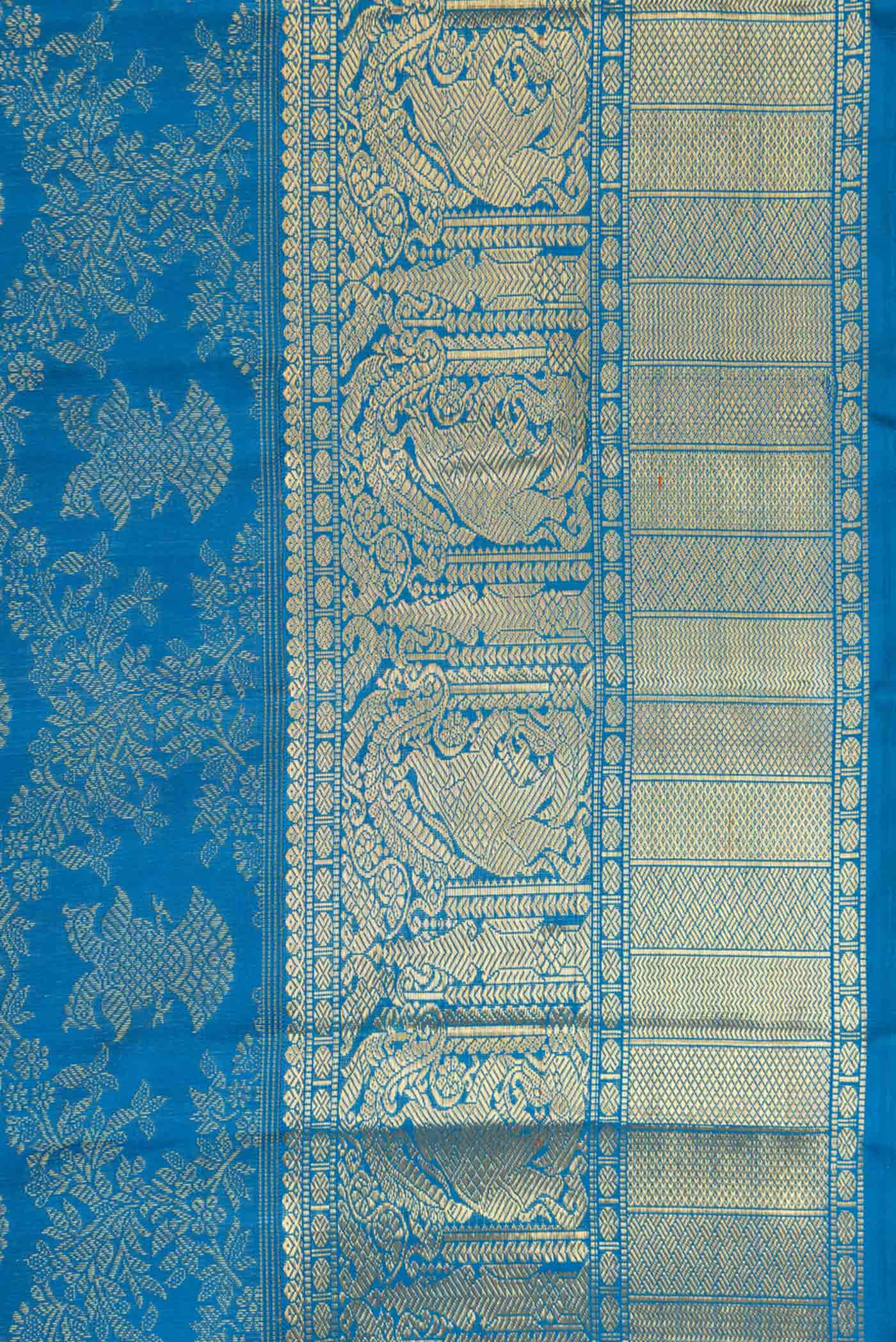 Pure Silk Pure Zari Peacock Blue Dual Tone Kanjivaram Saree - Image 3