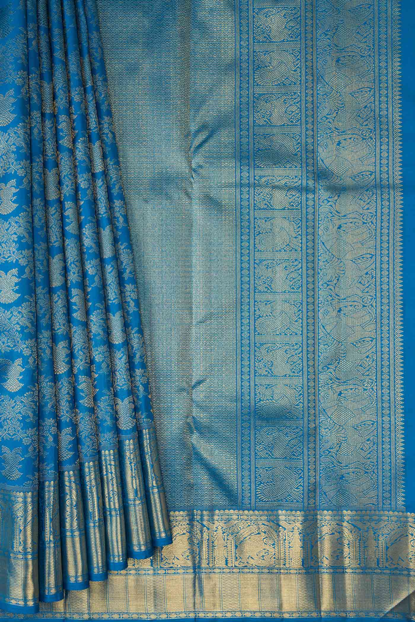 Pure Silk Pure Zari Peacock Blue Dual Tone Kanjivaram Saree - Image 4