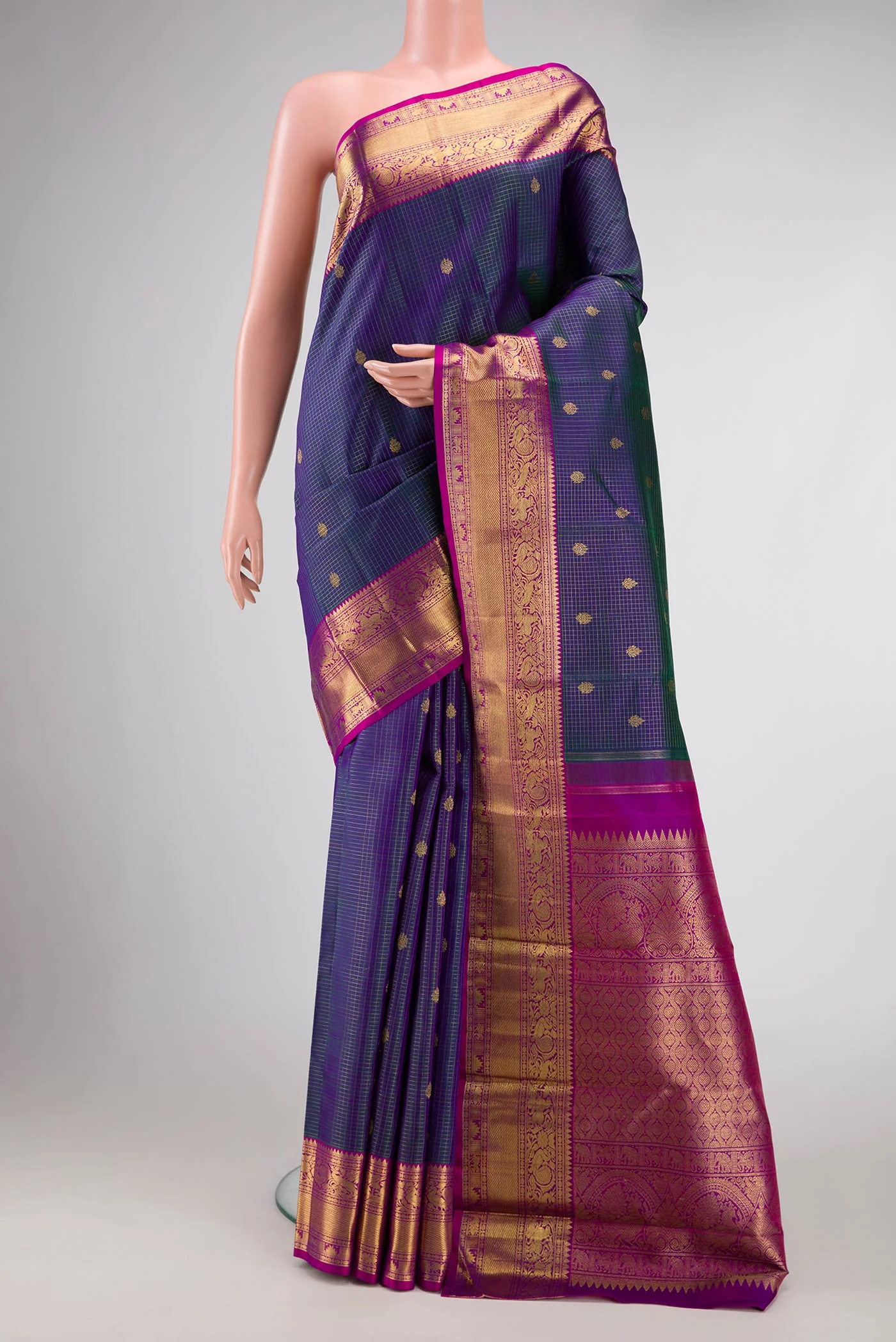 Pure Silk Pure Zari Peacock Blue Dual Tone Kanjivaram Saree