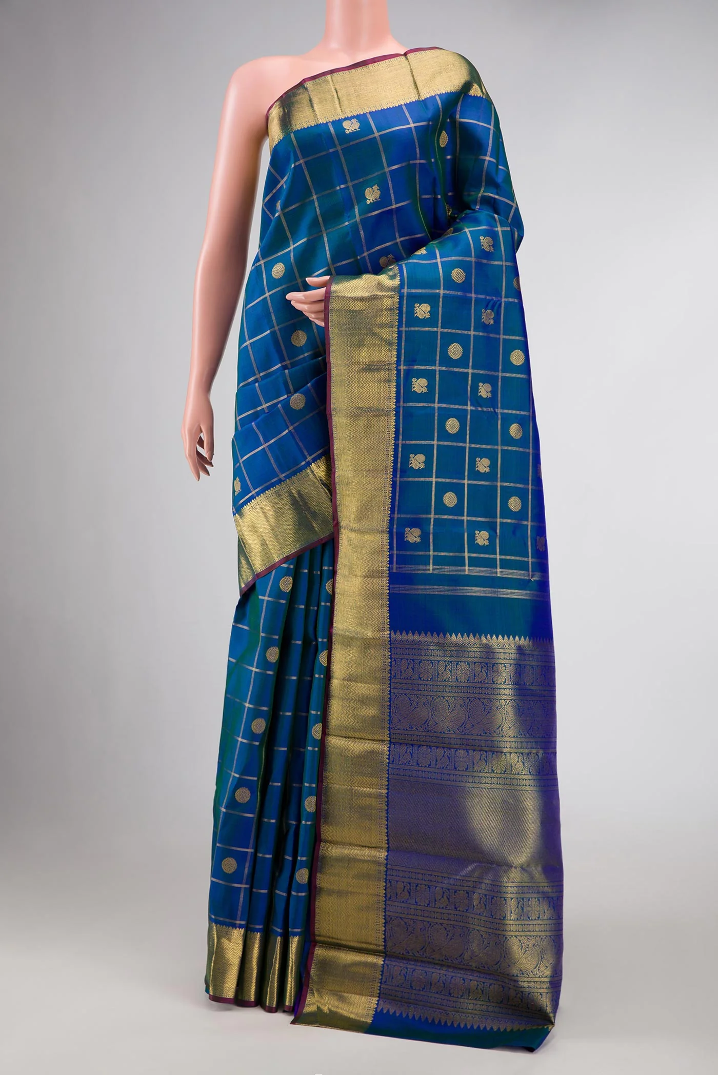 Pure Silk Pure Zari Peacock Blue Dual Tone Kanjivaram Saree