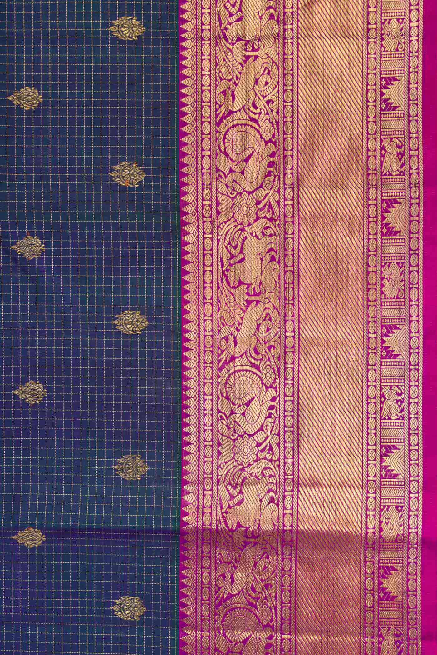 Pure Silk Pure Zari Peacock Blue Dual Tone Kanjivaram Saree - Image 3