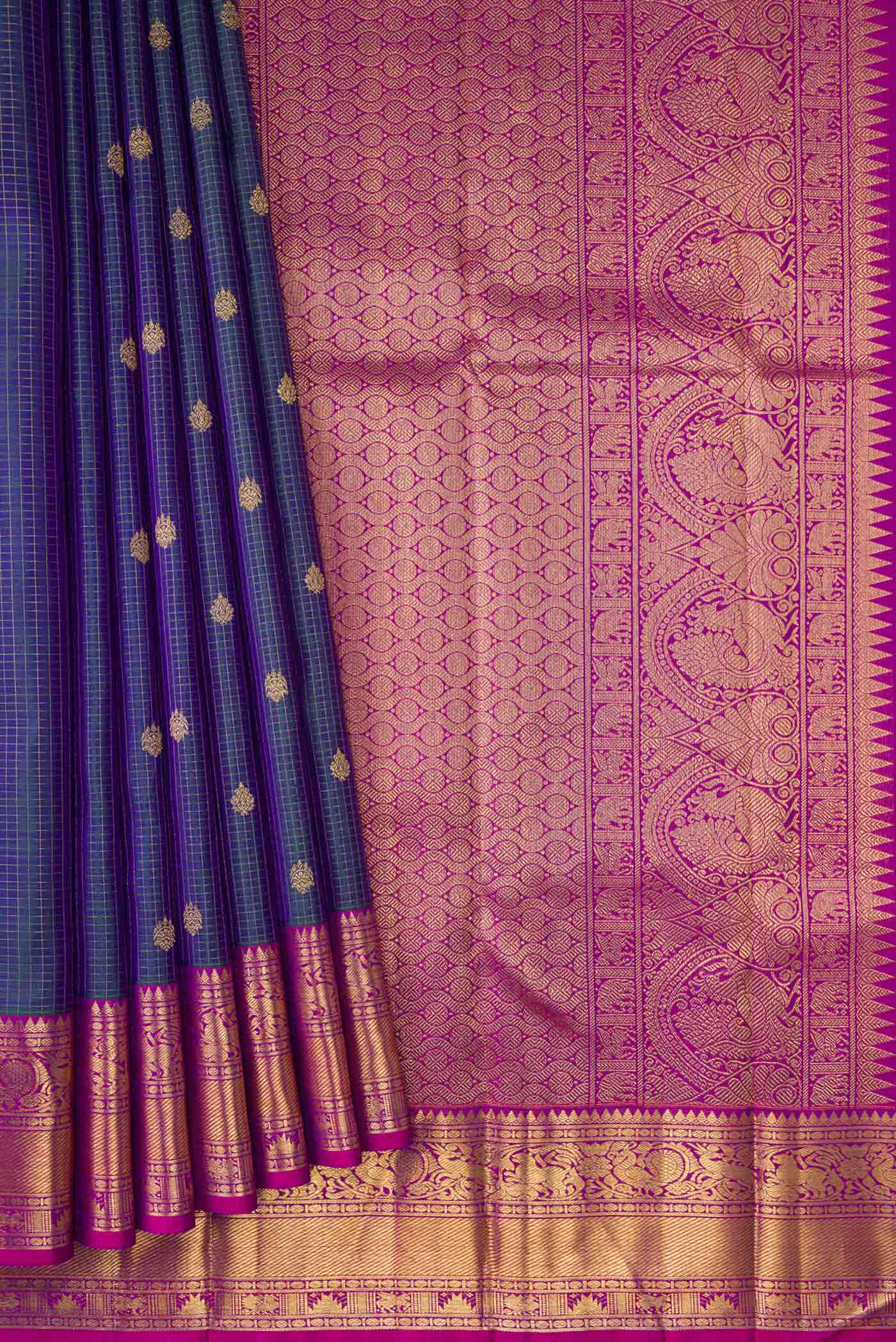 Pure Silk Pure Zari Peacock Blue Dual Tone Kanjivaram Saree - Image 4