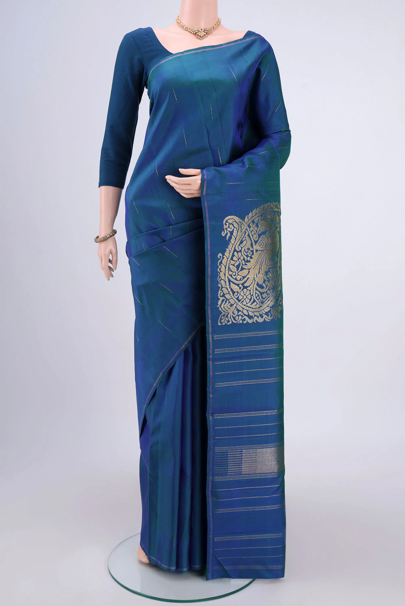 Pure Silk Pure Zari Peacock Blue Dual Tone Kanjivaram Saree