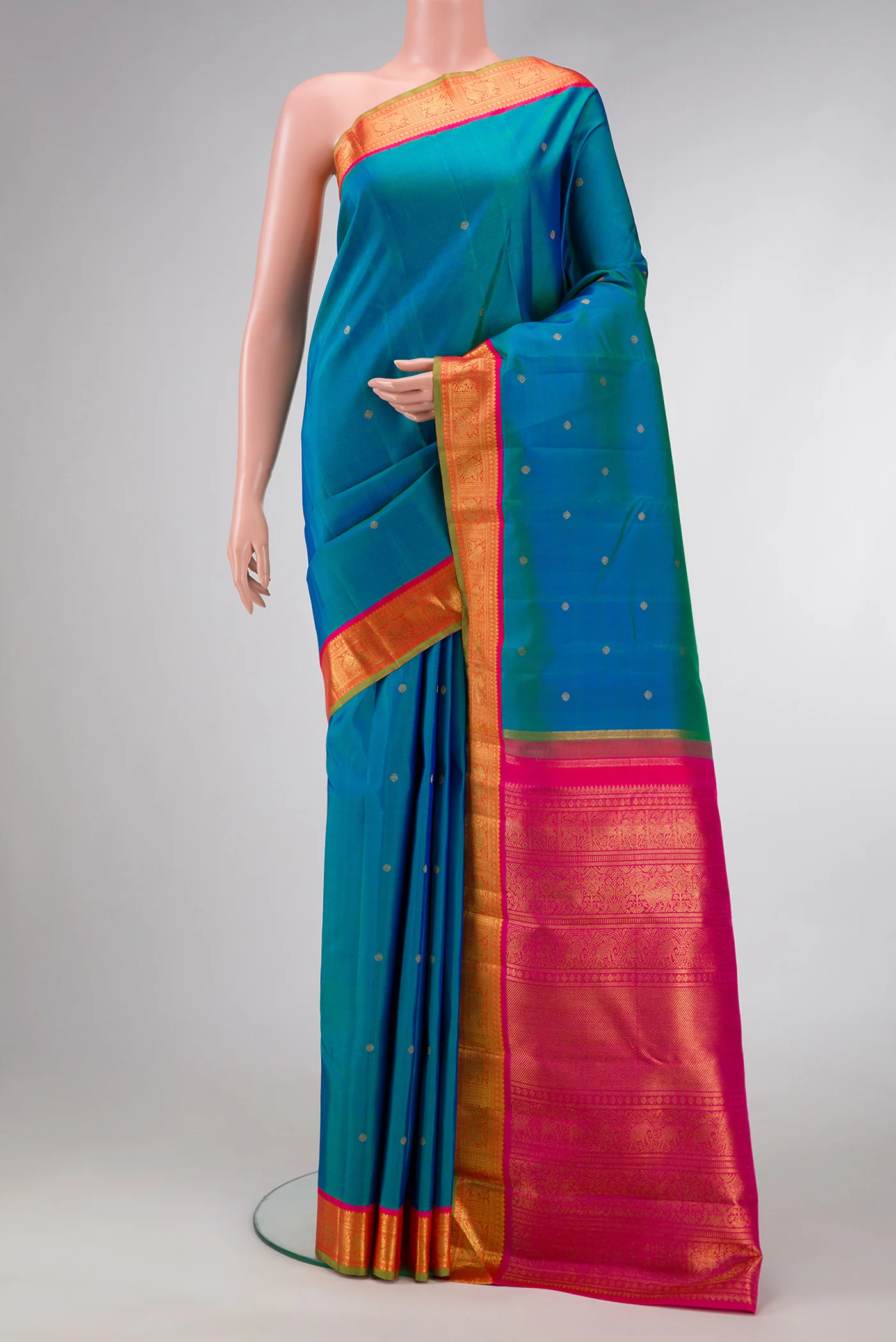 Pure Silk Pure Zari Peacock Blue Kanjivaram Saree