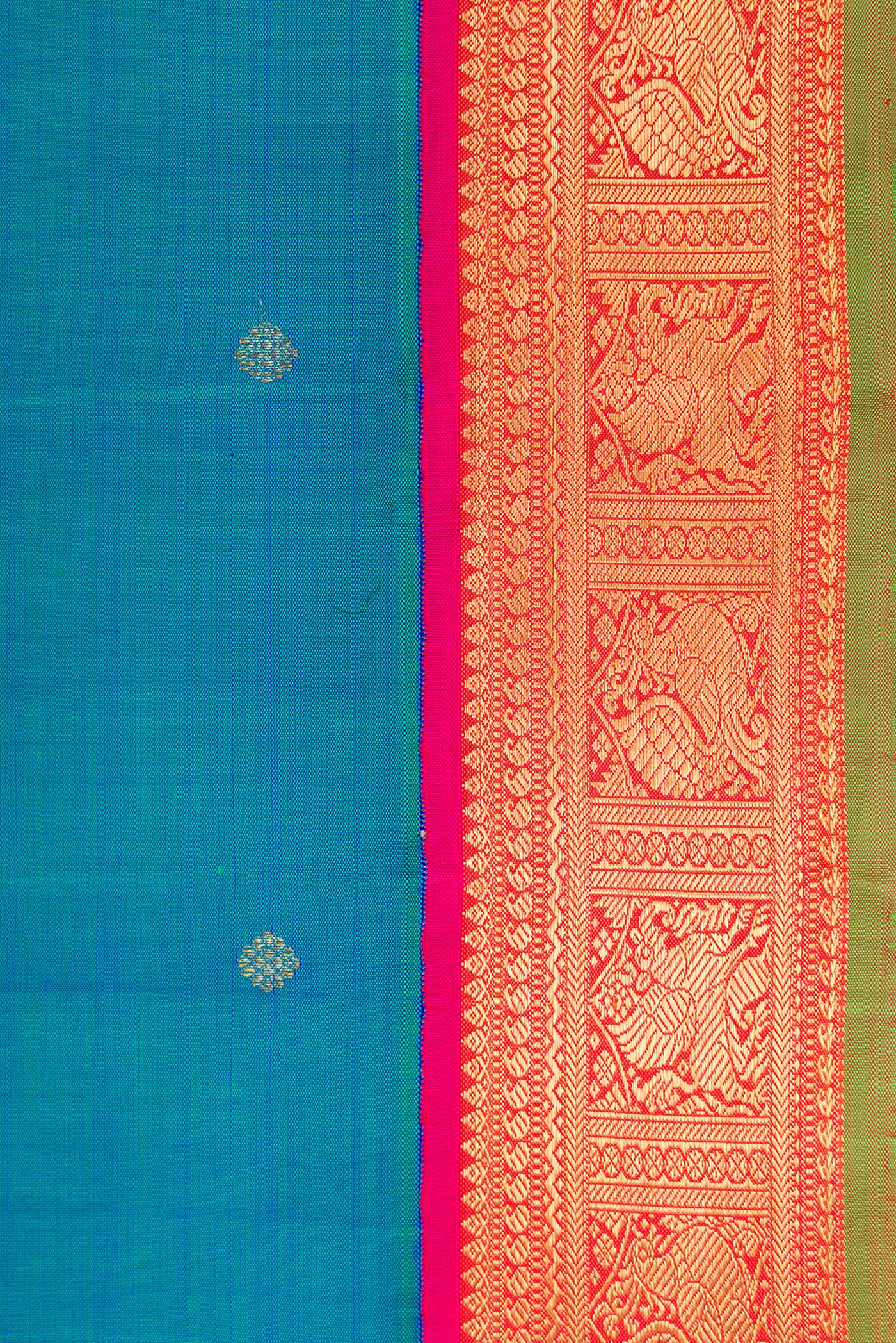 Pure Silk Pure Zari Peacock Blue Kanjivaram Saree - Image 3