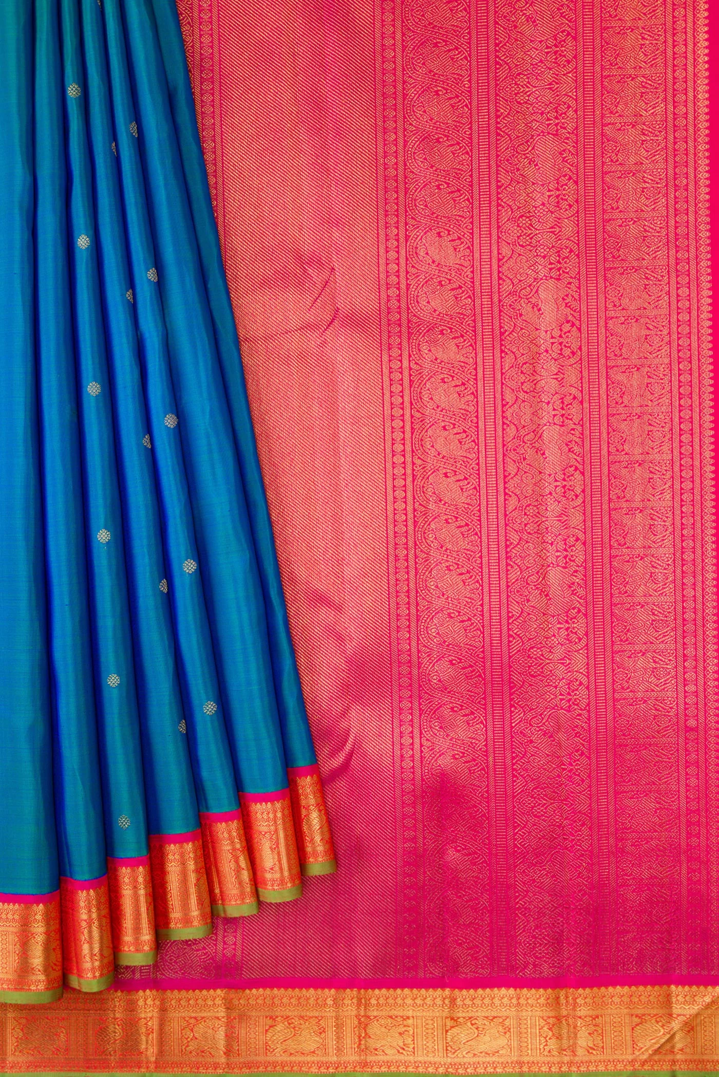 Pure Silk Pure Zari Peacock Blue Kanjivaram Saree - Image 4