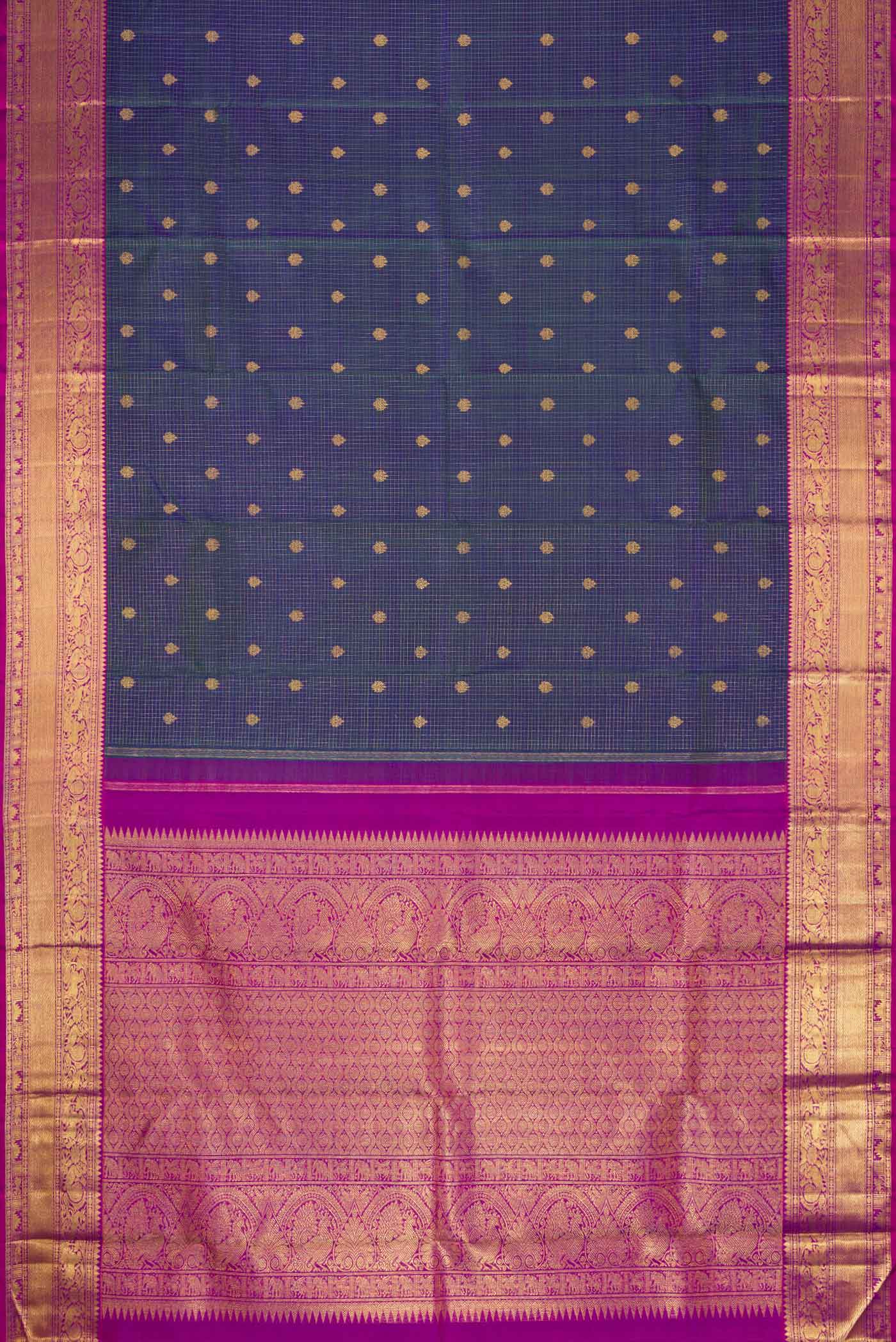 Pure Silk Pure Zari Peacock Blue Dual Tone Kanjivaram Saree - Image 6