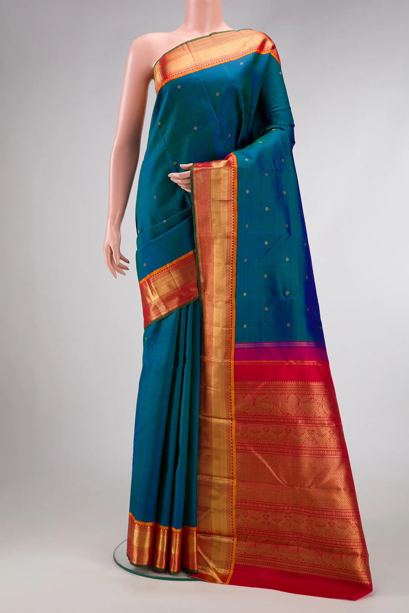 Pure Silk Pure Zari Peacock Blue Dual Tone Kanjivaram Saree