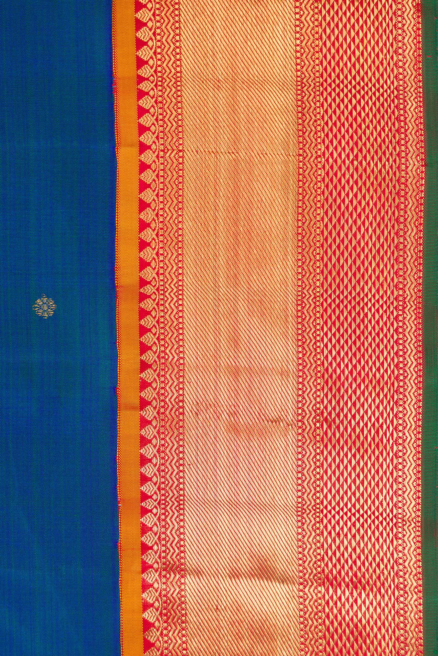 Pure Silk Pure Zari Peacock Blue Dual Tone Kanjivaram Saree - Image 3