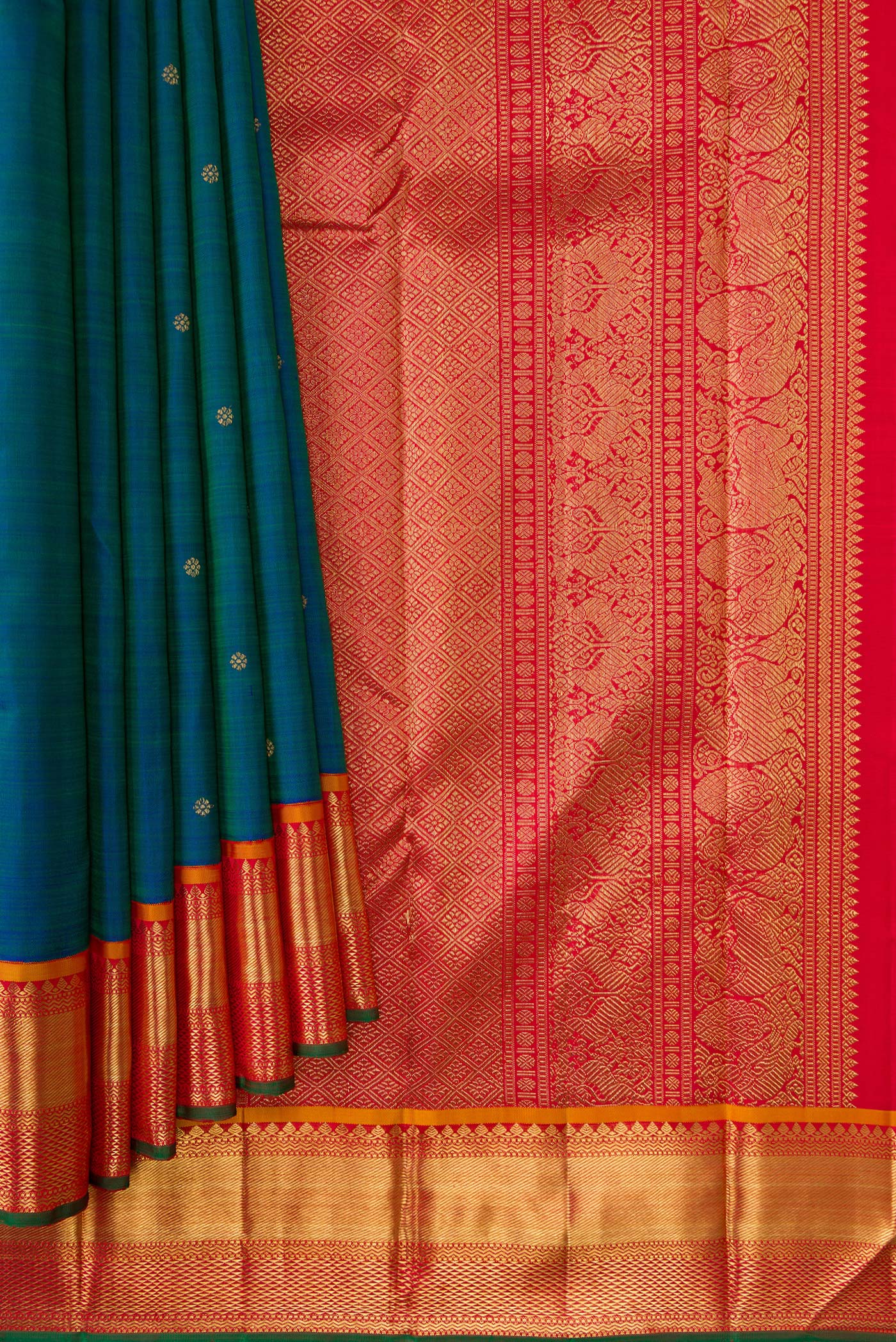 Pure Silk Pure Zari Peacock Blue Dual Tone Kanjivaram Saree - Image 4