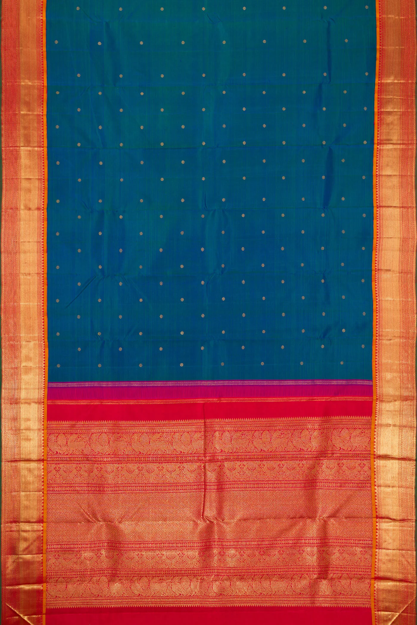 Pure Silk Pure Zari Peacock Blue Dual Tone Kanjivaram Saree - Image 6