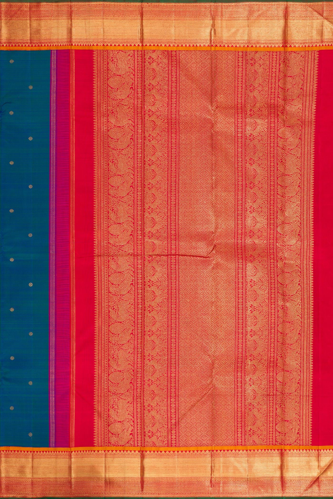 Pure Silk Pure Zari Peacock Blue Dual Tone Kanjivaram Saree - Image 7