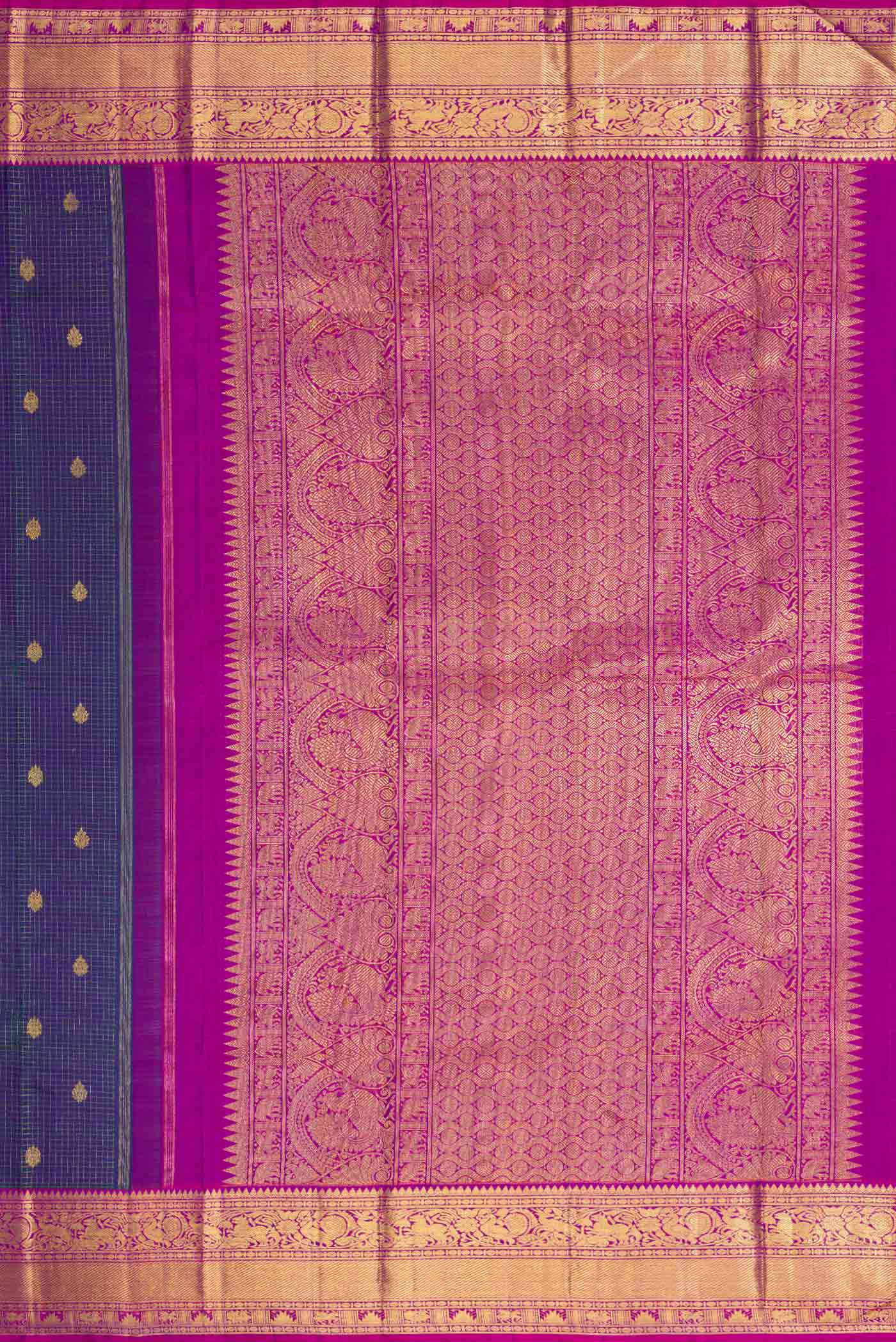 Pure Silk Pure Zari Peacock Blue Dual Tone Kanjivaram Saree - Image 7