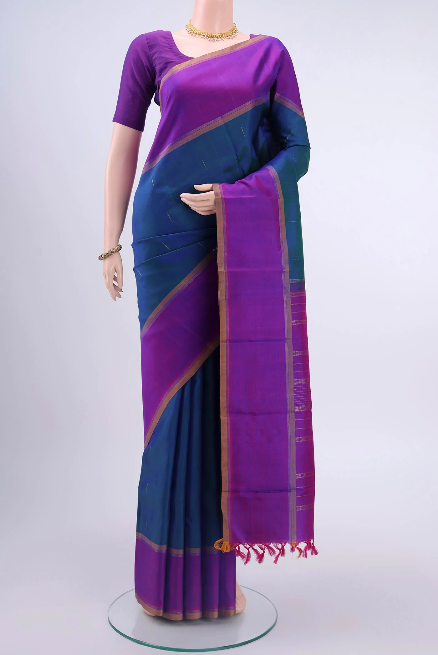 Pure Silk Pure Zari Peacock Blue Kanjivaram Saree