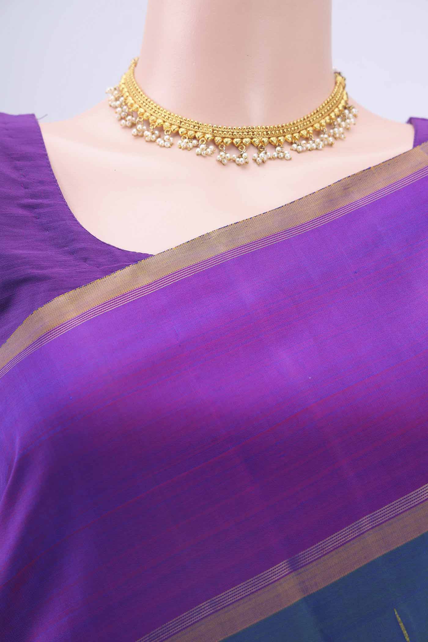 Pure Silk Pure Zari Peacock Blue Kanjivaram Saree - Image 2