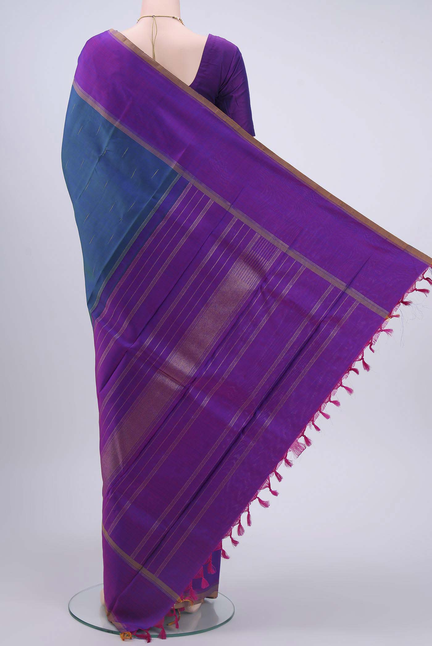 Pure Silk Pure Zari Peacock Blue Kanjivaram Saree - Image 3