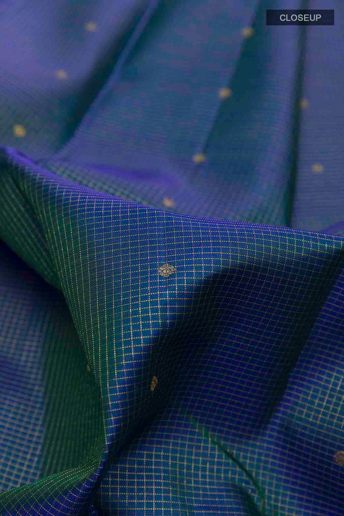 Pure Silk Pure Zari Peacock Blue Kanjivaram Saree - Image 2