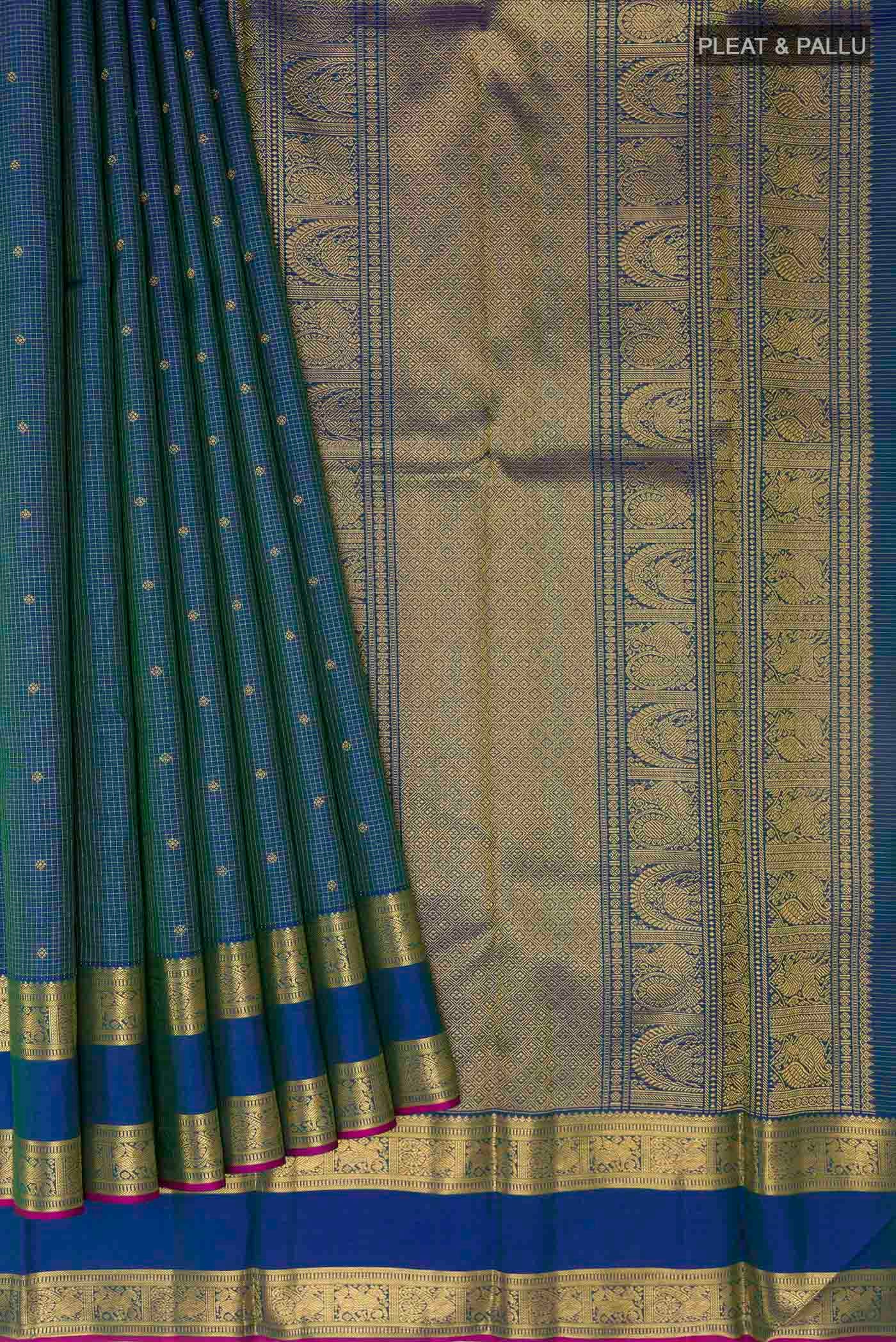 Pure Silk Pure Zari Peacock Blue Kanjivaram Saree - Image 4