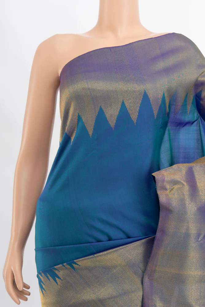 Pure Silk Pure Zari Blue Kanchipuram Saree - Image 2