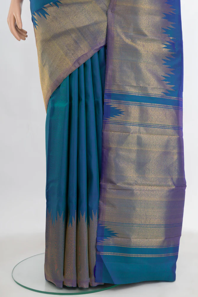 Pure Silk Pure Zari Blue Kanchipuram Saree - Image 3