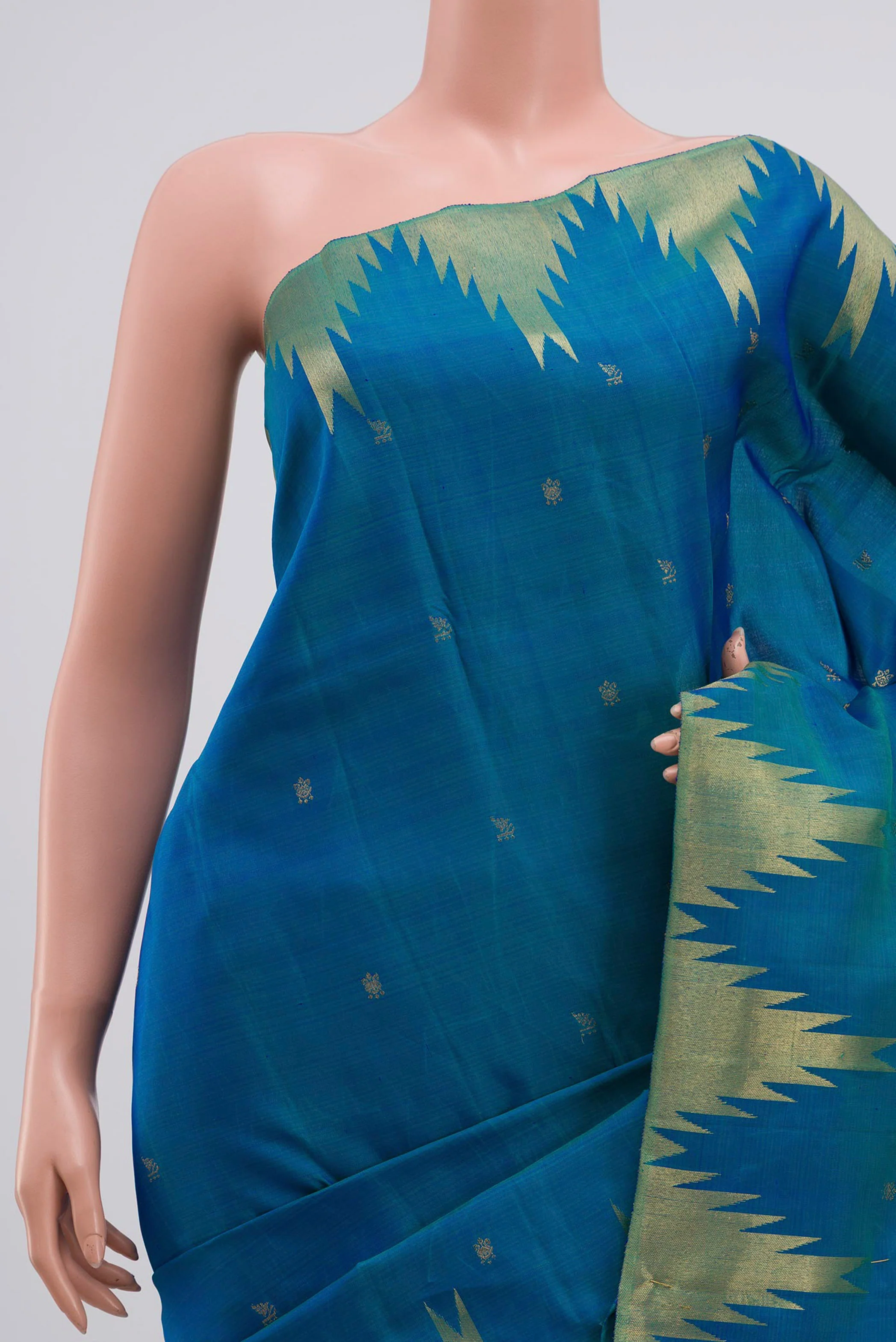Pure Silk Pure Zari Peacock Blue Kanchipuram Saree - Image 2