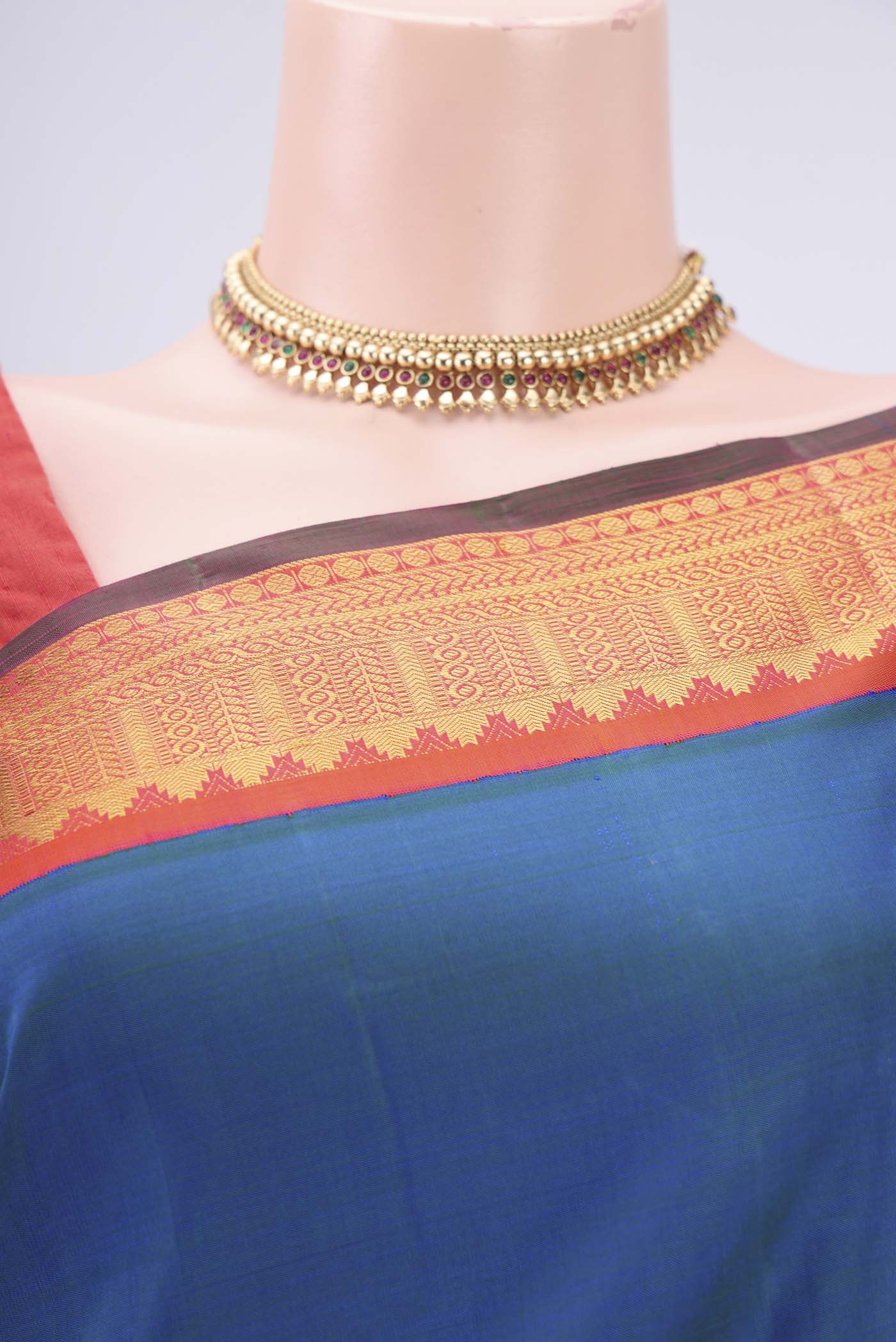 Pure Silk Pure Zari Peacock Blue Kanjivaram Saree - Image 2