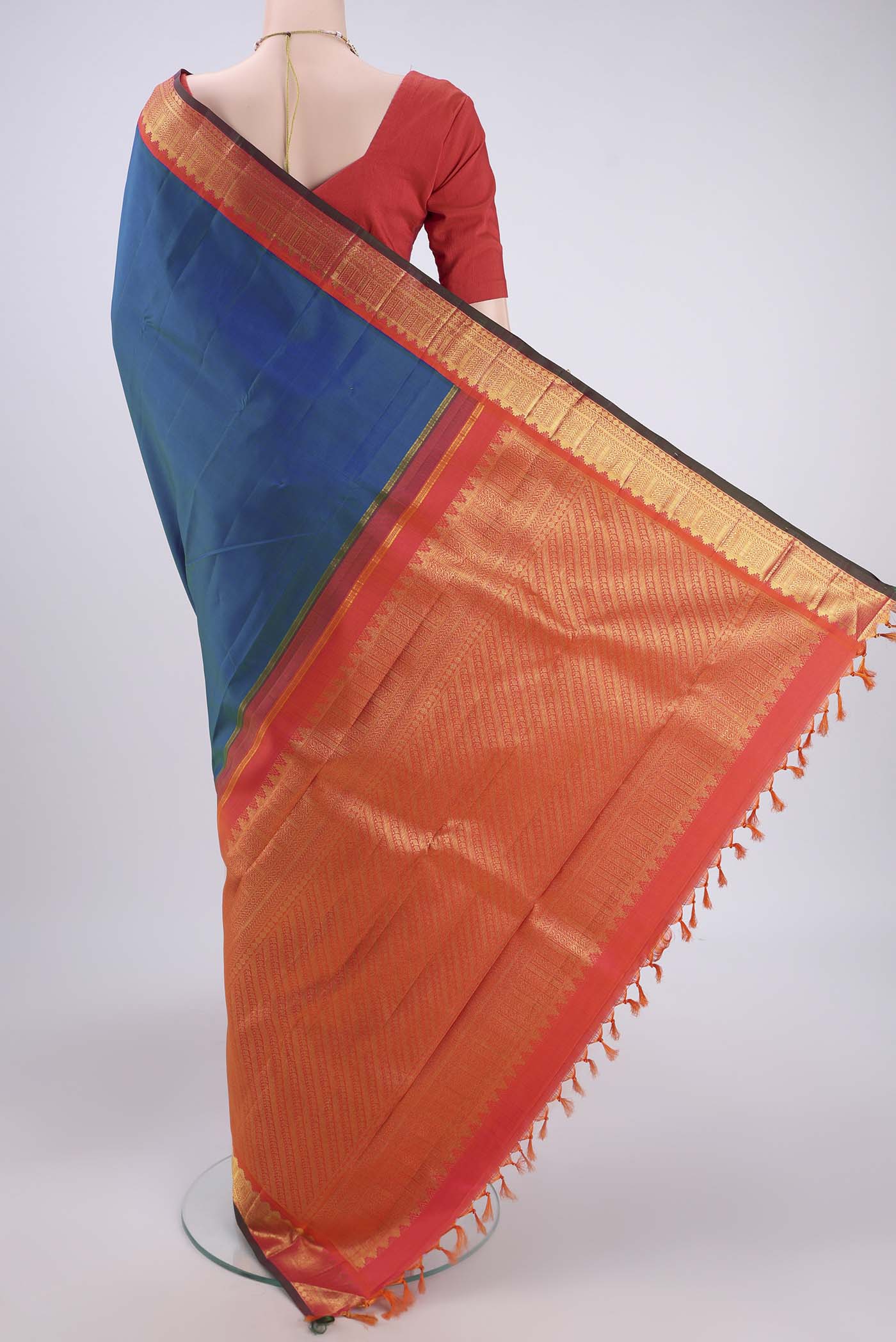 Pure Silk Pure Zari Peacock Blue Kanjivaram Saree - Image 3