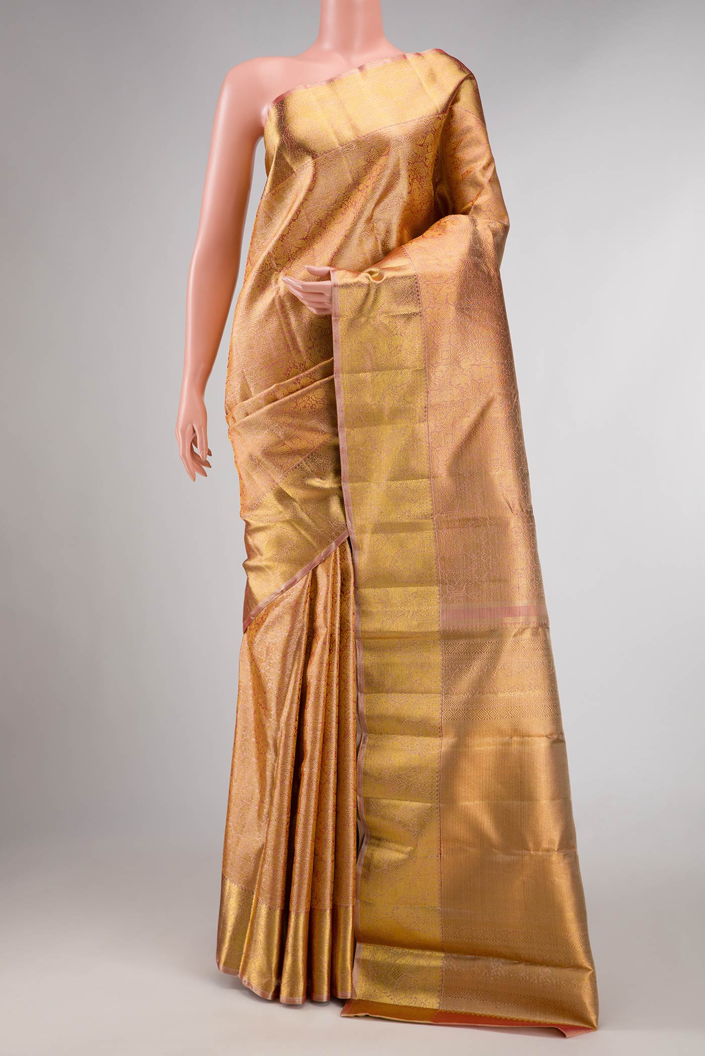 Pure Silk Pure Zari Coral with Gold Color Kanjivaram Saree