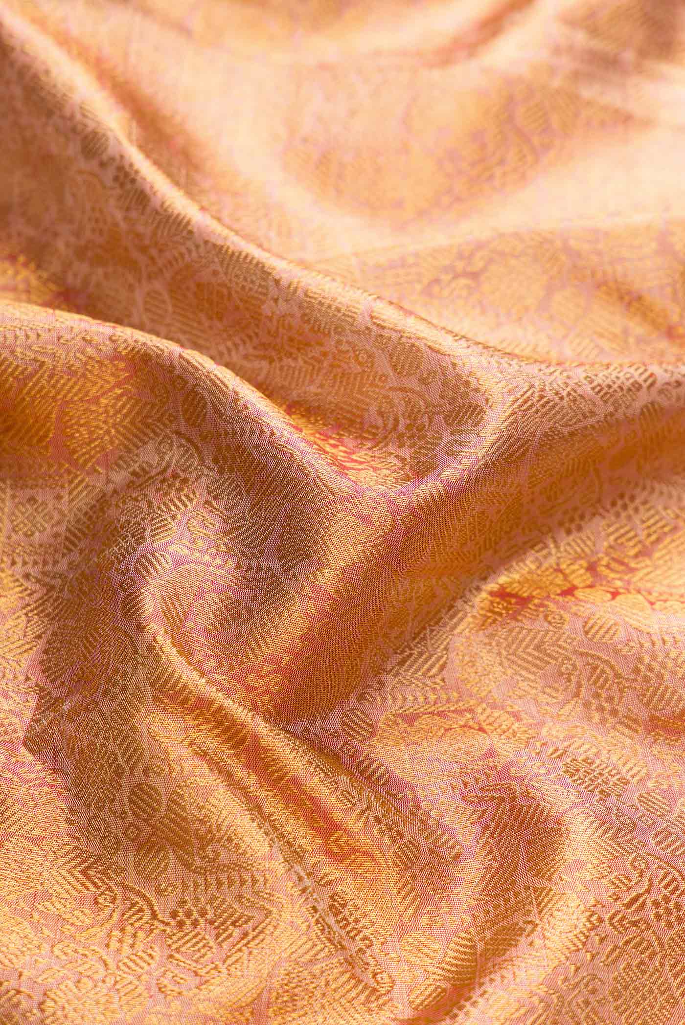 Pure Silk Pure Zari Coral with Gold Color Kanjivaram Saree - Image 2