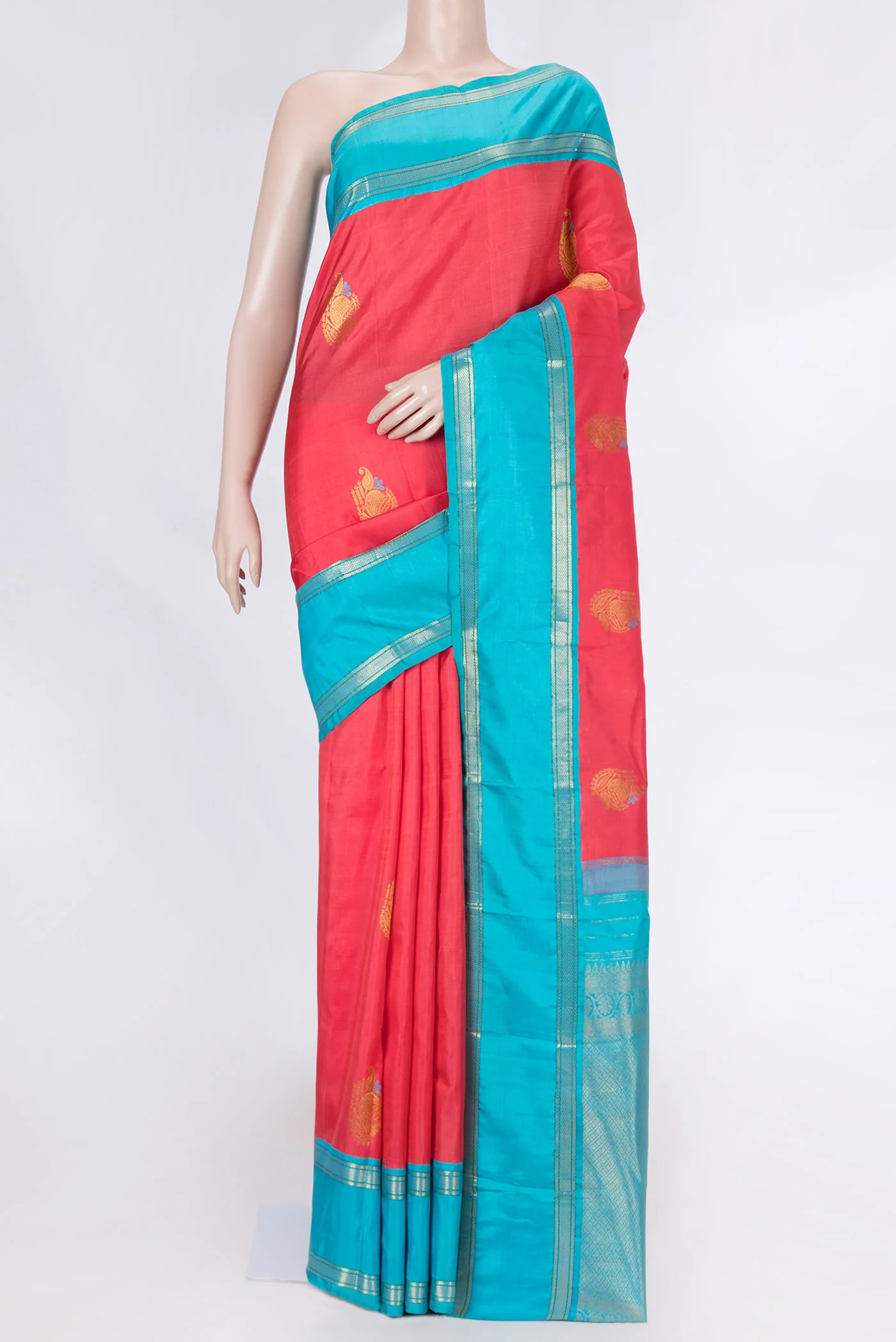 Pure Silk Pure Zari Coral Kanjivaram Saree