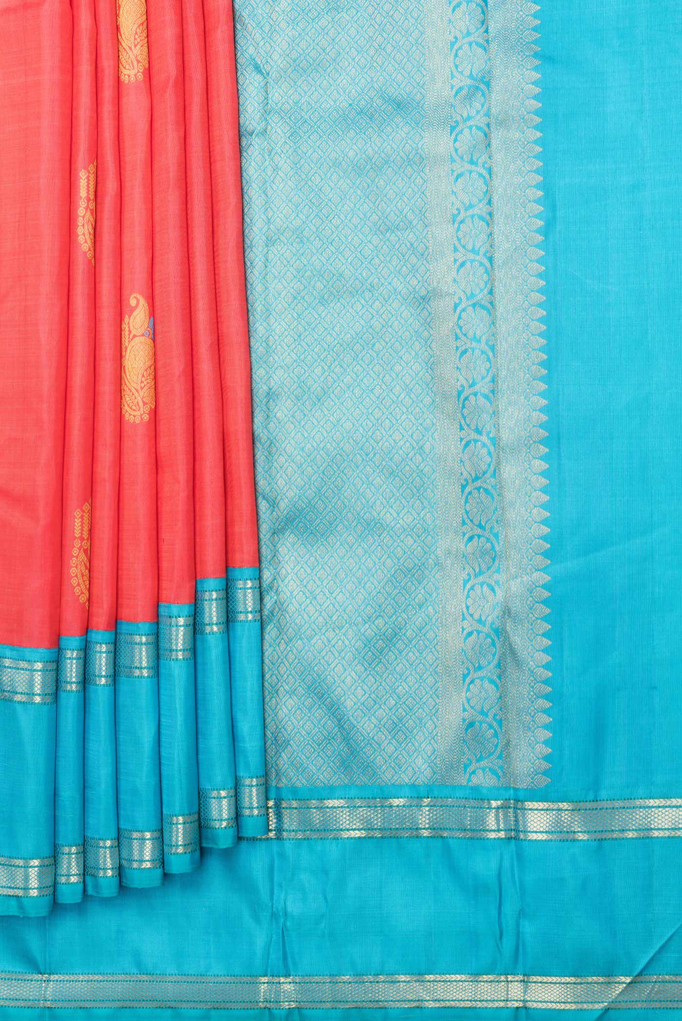 Pure Silk Pure Zari Coral Kanjivaram Saree - Image 4