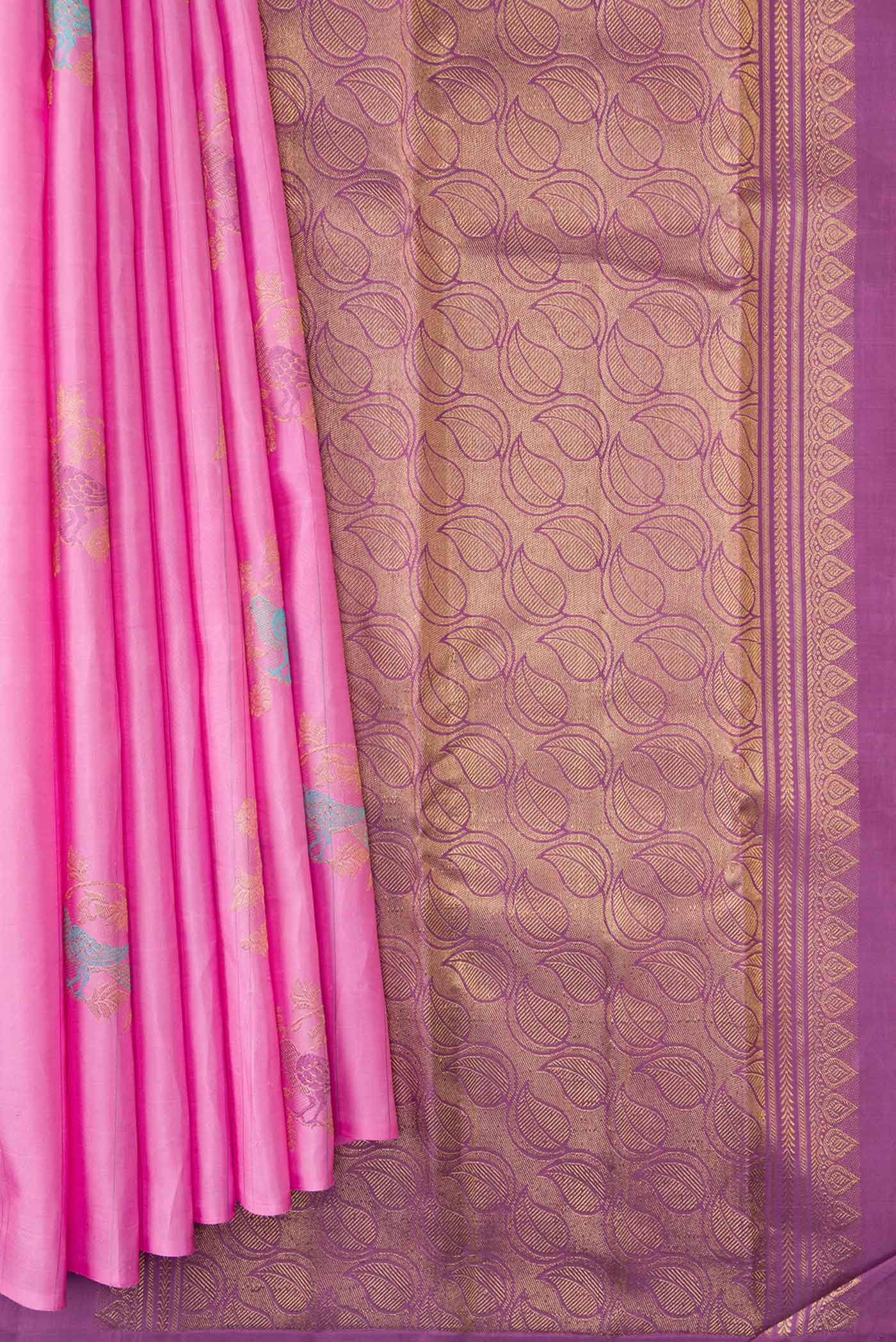 Pure Silk Pure Zari Pink Dual Tone Kanjivaram Saree - Image 3