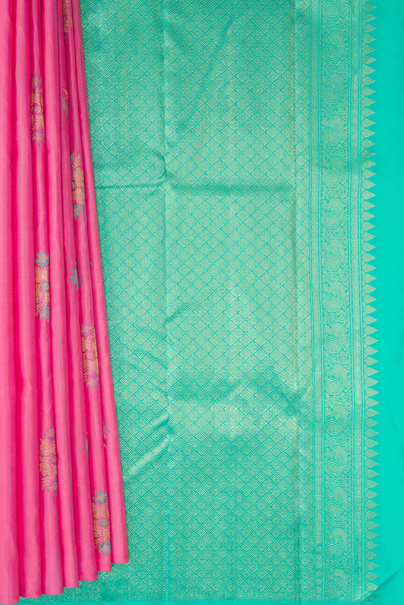 Pure Silk Pure Zari Pink Dual Tone Kanjivaram Saree - Image 3