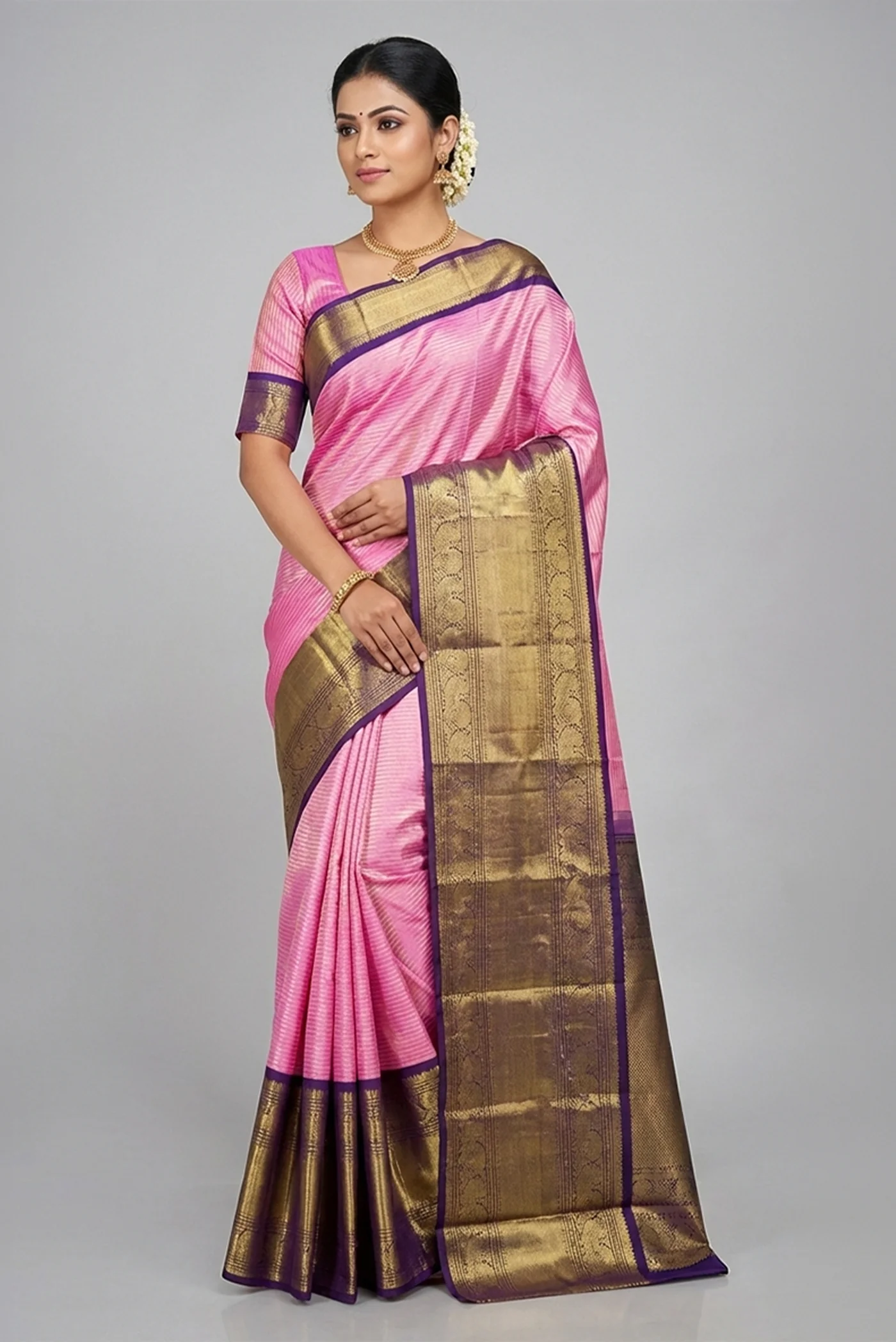 Pure Silk Pure Zari Pink Dual Tone Kanjivaram Saree