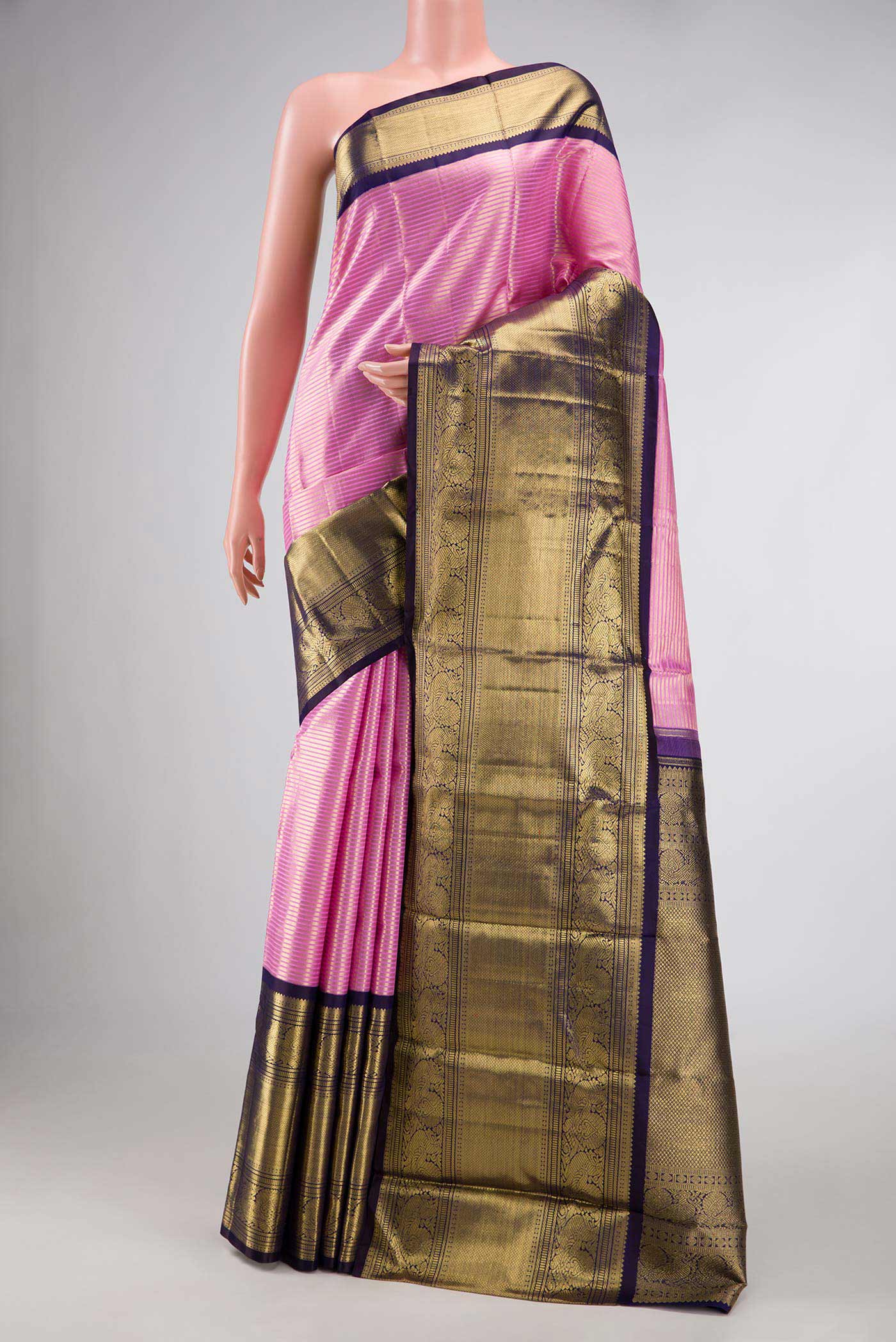 Pure Silk Pure Zari Pink Dual Tone Kanjivaram Saree - Image 2