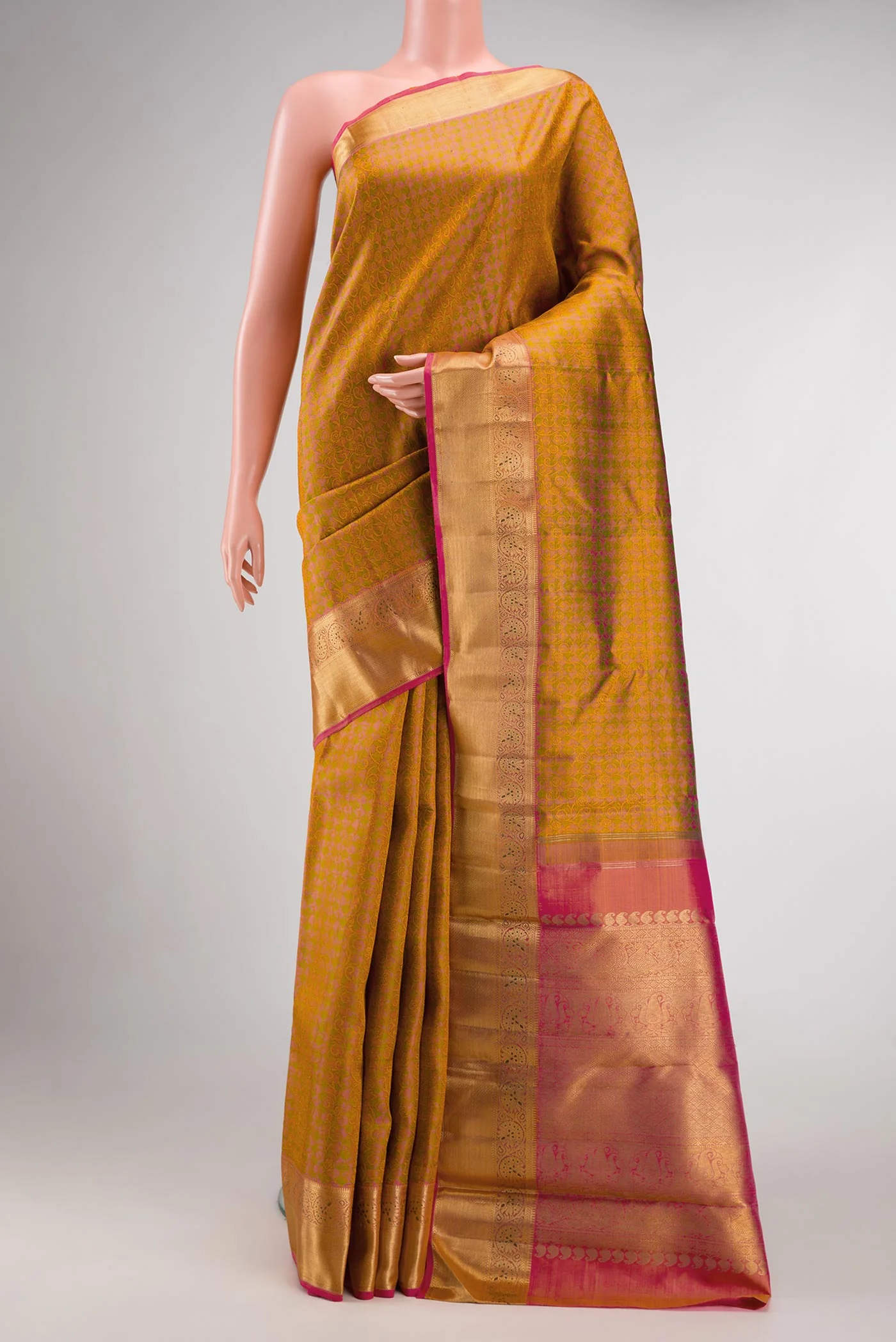 Pure Silk Pure Zari Mustard with Pink Color Kanchipuram Saree