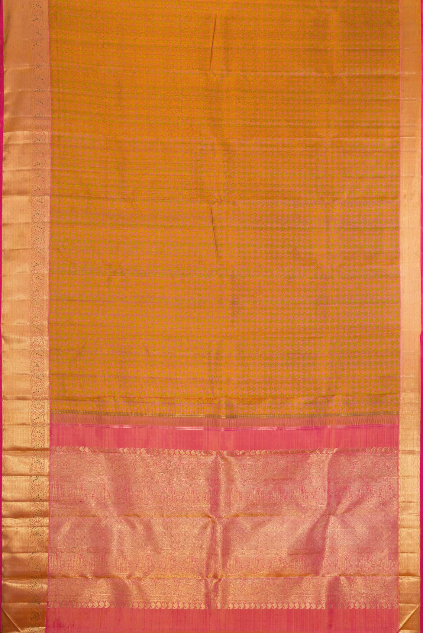 Pure Silk Pure Zari Mustard with Pink Color Kanchipuram Saree - Image 6
