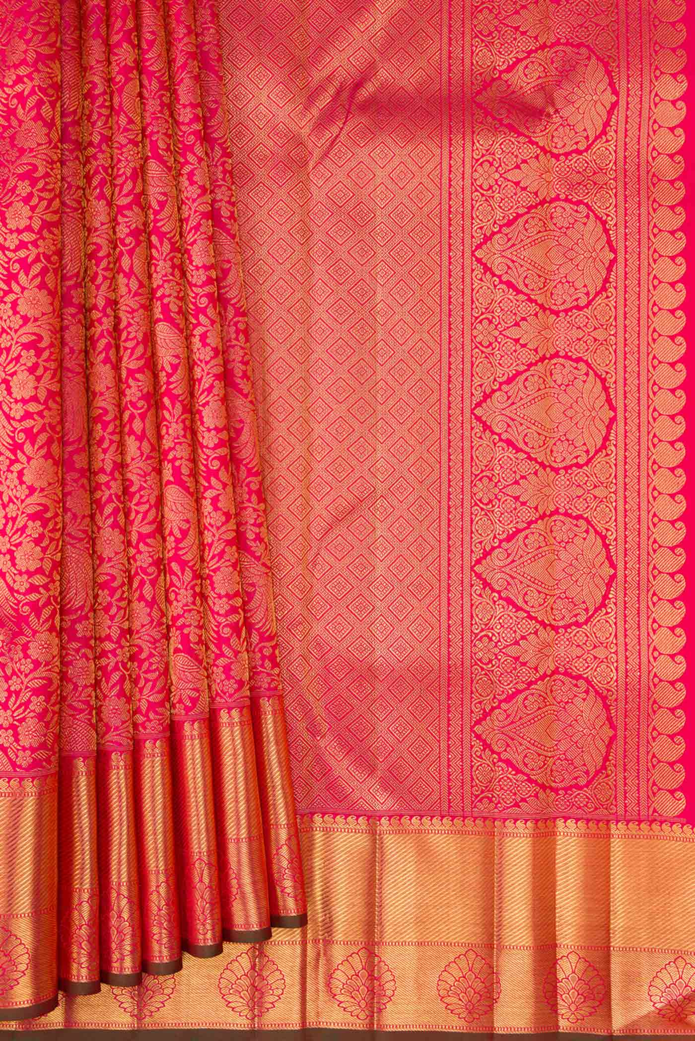 Pure Silk Pure Zari Pink Dual Tone Kanjivaram Saree - Image 4