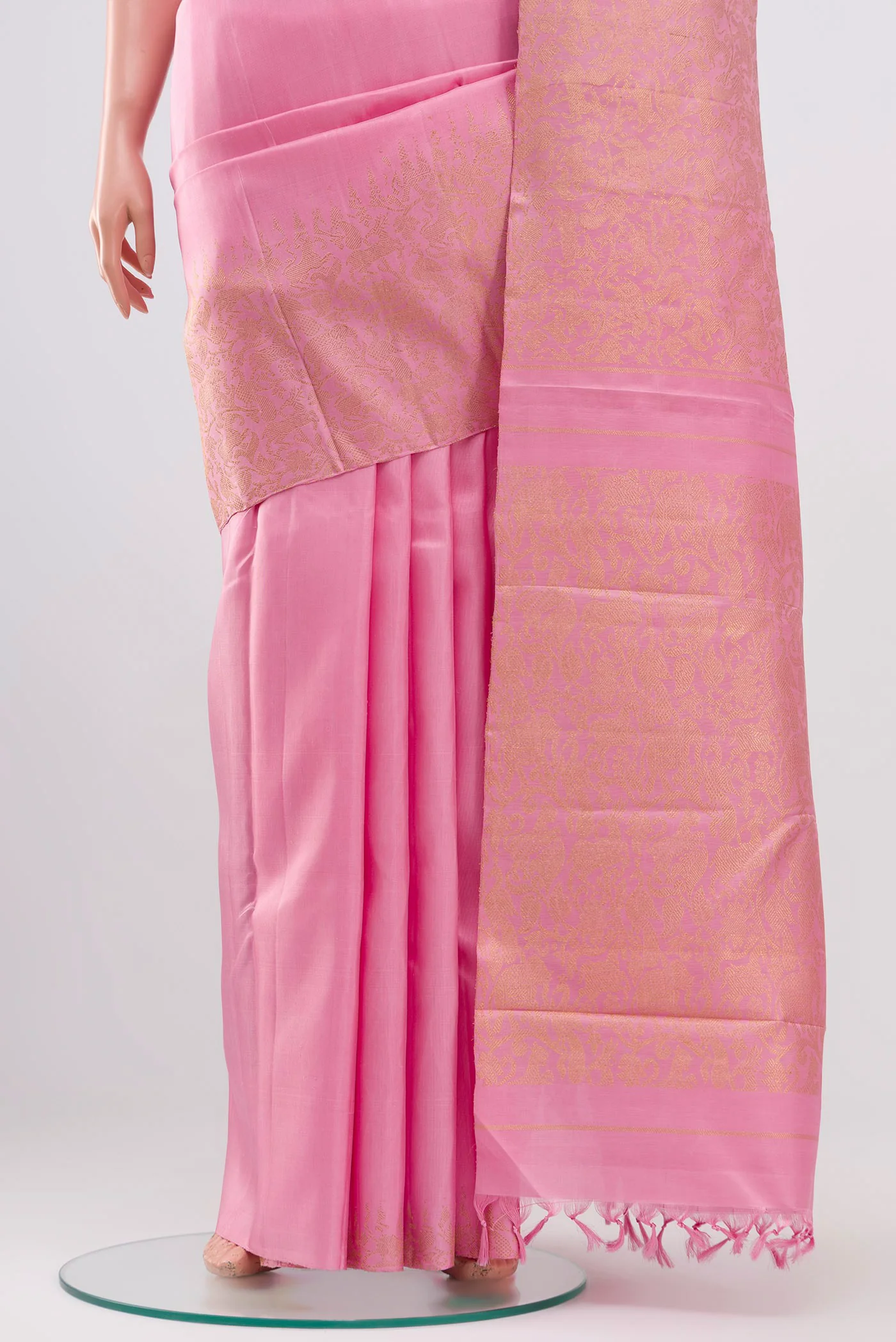 Pure Silk Pure Zari Rose pink Kanjivaram Saree - Image 3