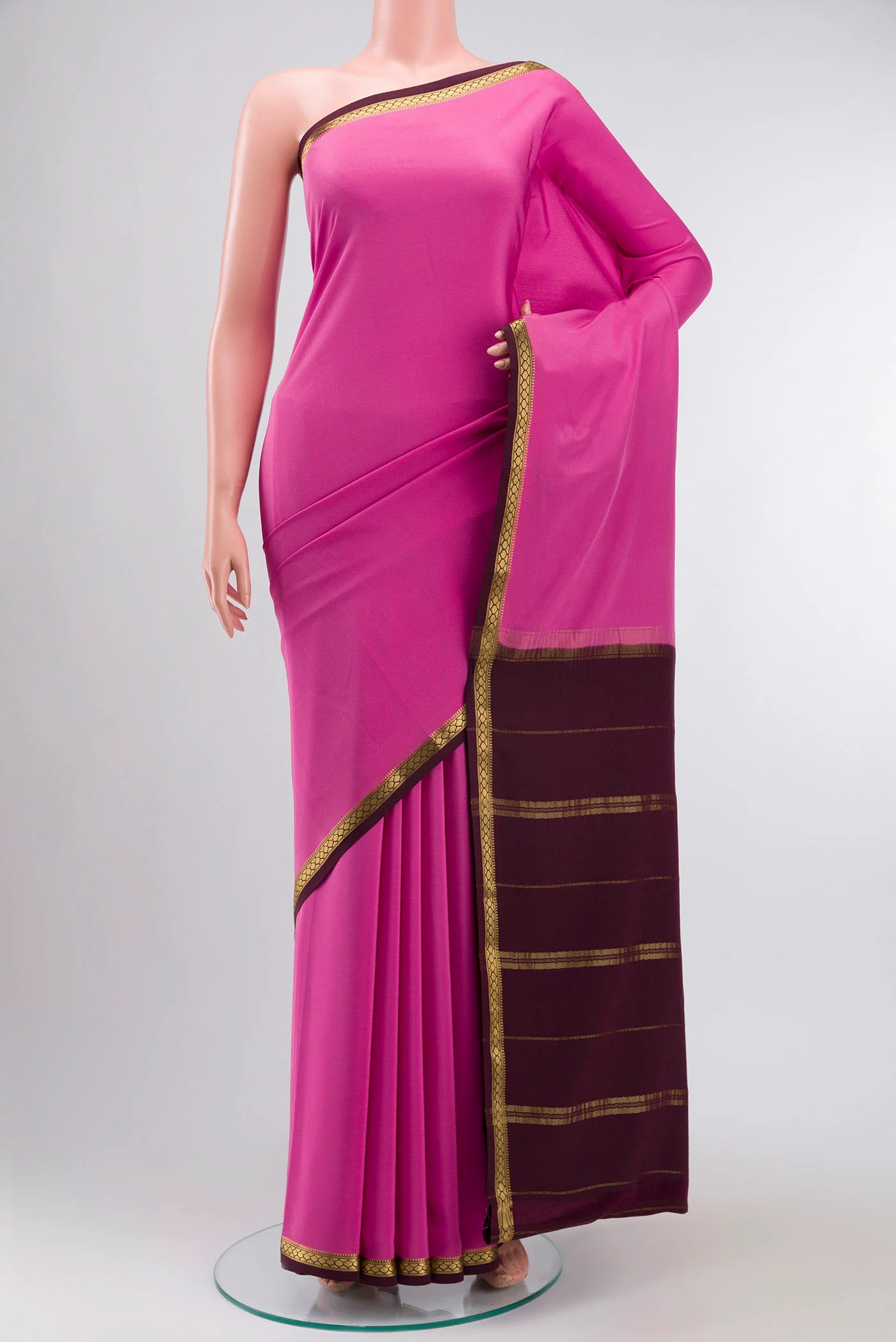 Pure Silk Pure Zari Pink Mysore Crepe Saree