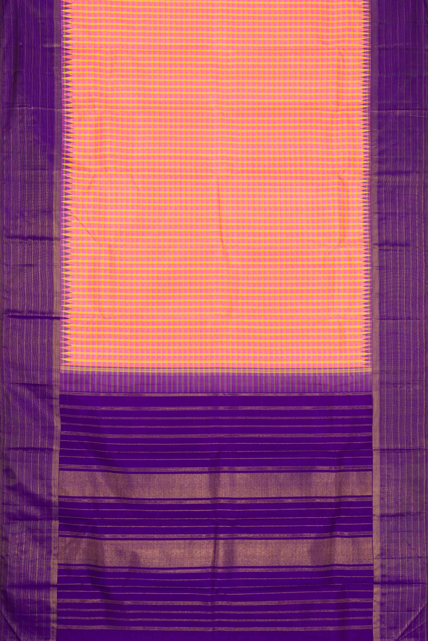 Pure Silk Pure Zari Pink, Purple and Yellow Color Kanjivaram Saree - Image 6