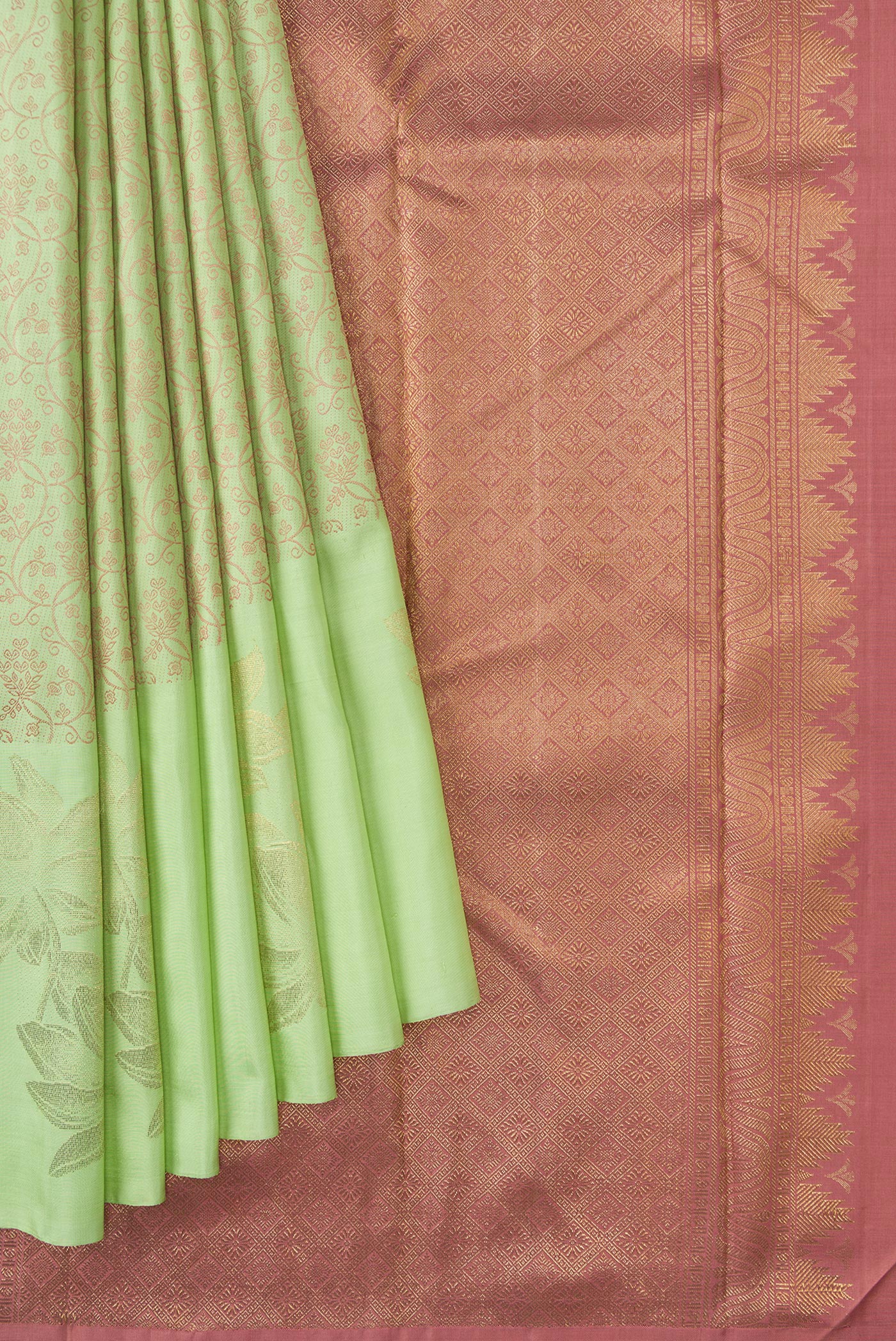Pure Silk Pure Zari Pista Green Kanchipuram Saree - Image 4