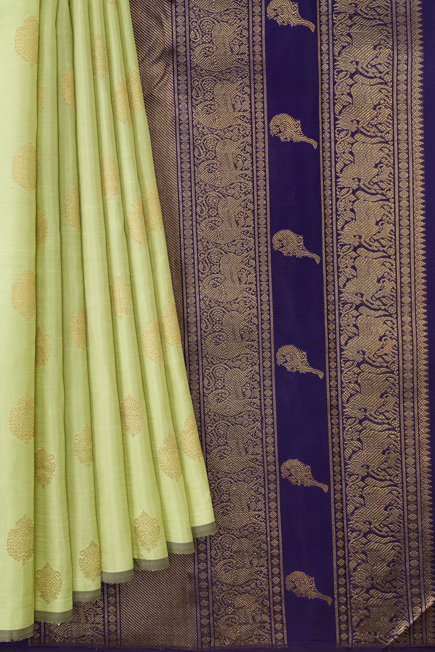 Pure Silk Pure Zari Pista Green Kanchipuram Saree - Image 3