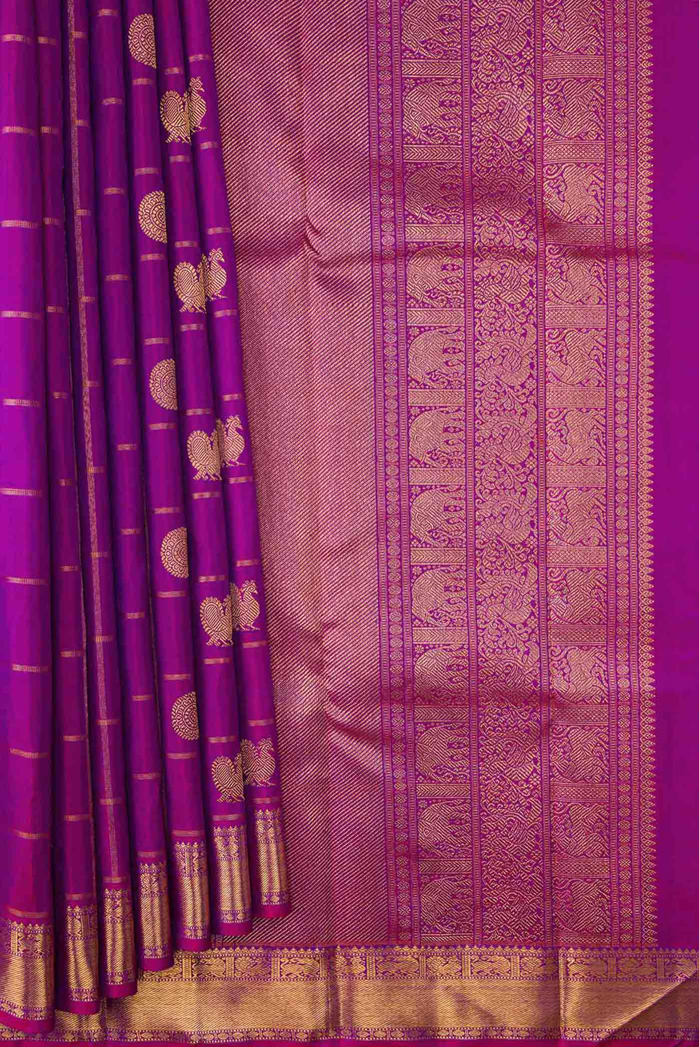 Pure Silk Pure Zari Purple Dual Tone Kanjivaram Saree - Image 4